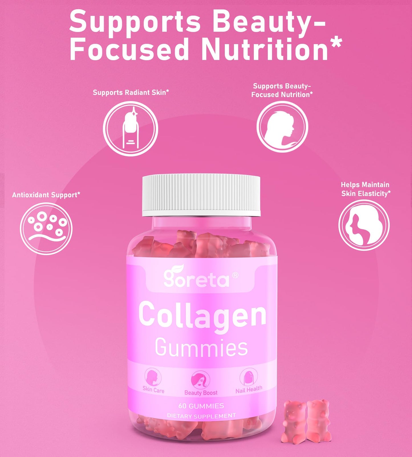 Goreta Collagen Gummies with Biotin, Vitamin C & Zinc – 1000mg Hydrolyzed Collagen Peptides for Skin, Hair & Nails Nutrition, Daily Beauty Nutrition, Peach Flavor, 60 Gummies