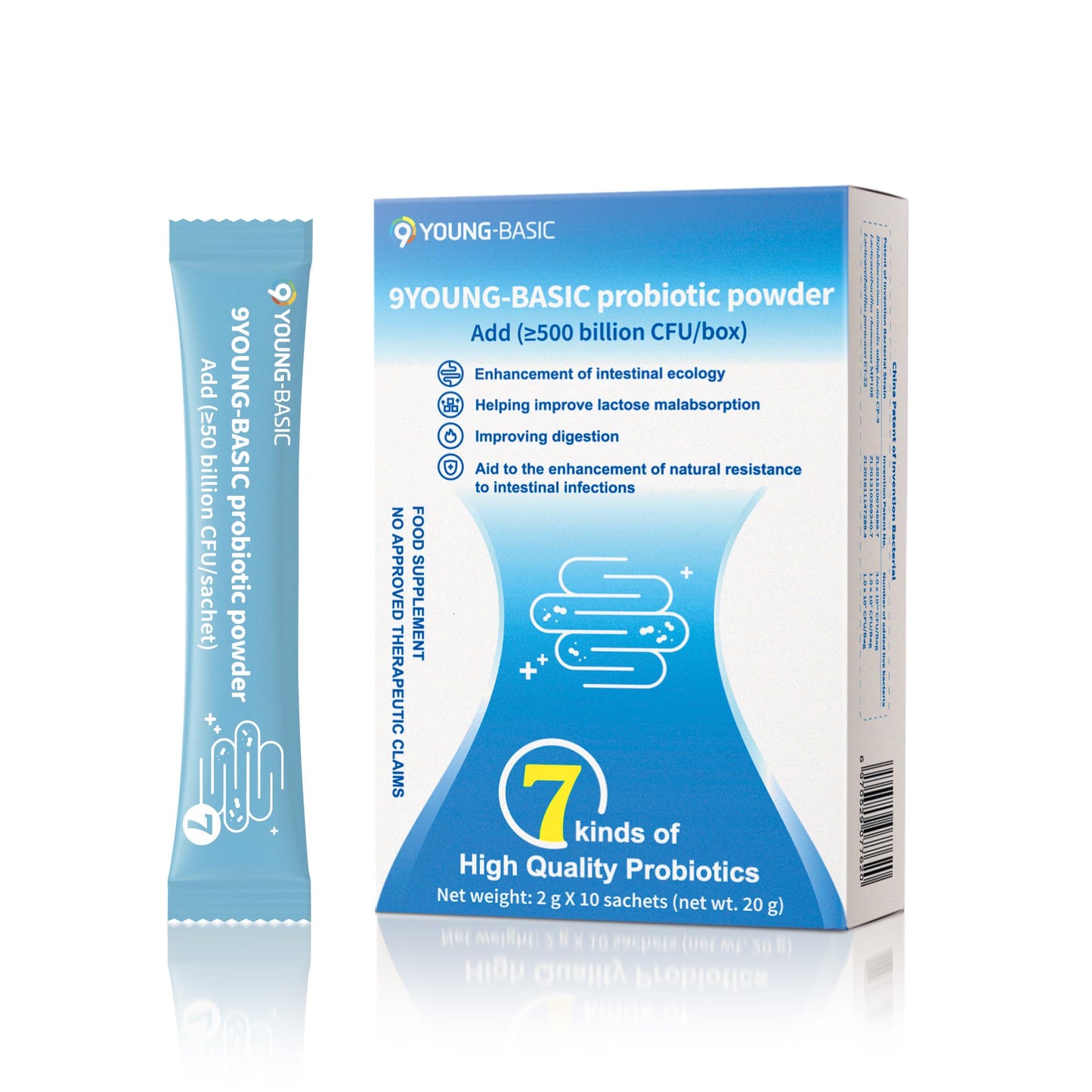 9 YOUNG-BASIC Organic Probiotic Powder for Women and Men - 500 Billion CFU - High Bifido Quick-Acting Formula with Enzymes and Prebiotics for Digestive and Immune Health - 10-Day Max Care, 7 Count