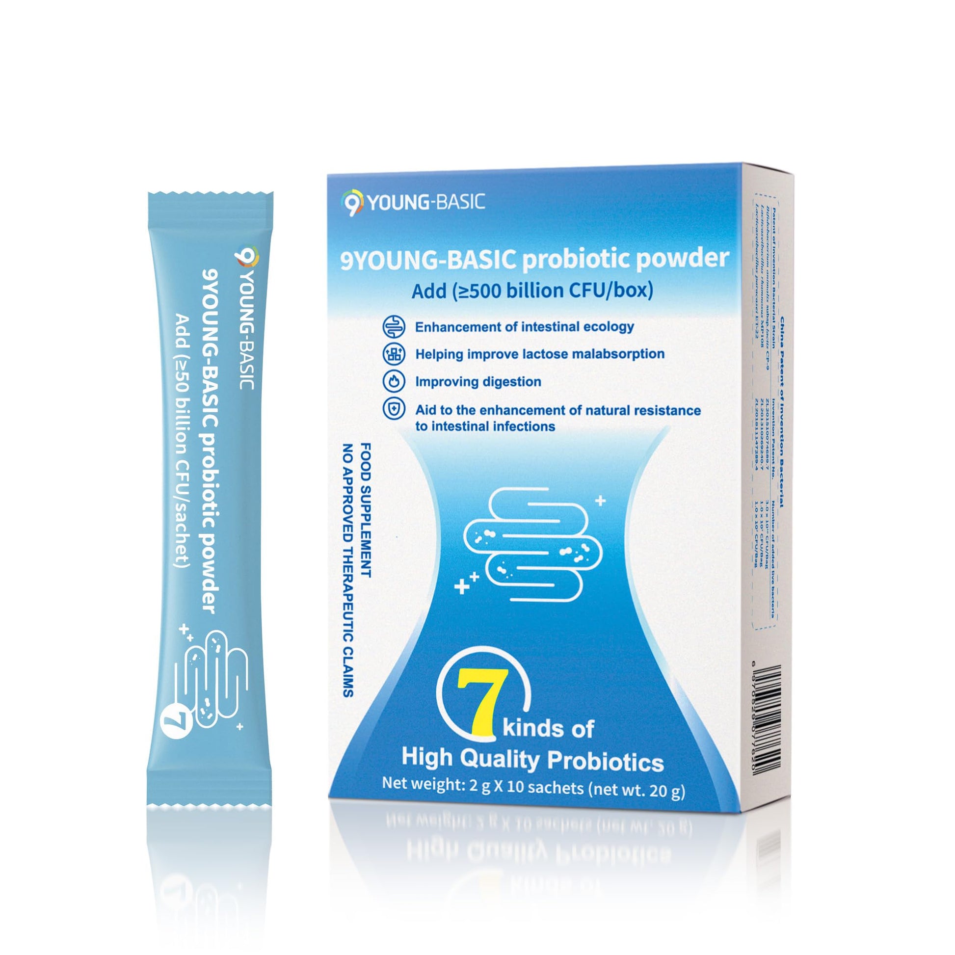 9 YOUNG-BASIC Organic Probiotic Powder for Women and Men - 500 Billion CFU - High Bifido Quick-Acting Formula with Enzymes and Prebiotics for Digestive and Immune Health - 10-Day Max Care, 7 Count