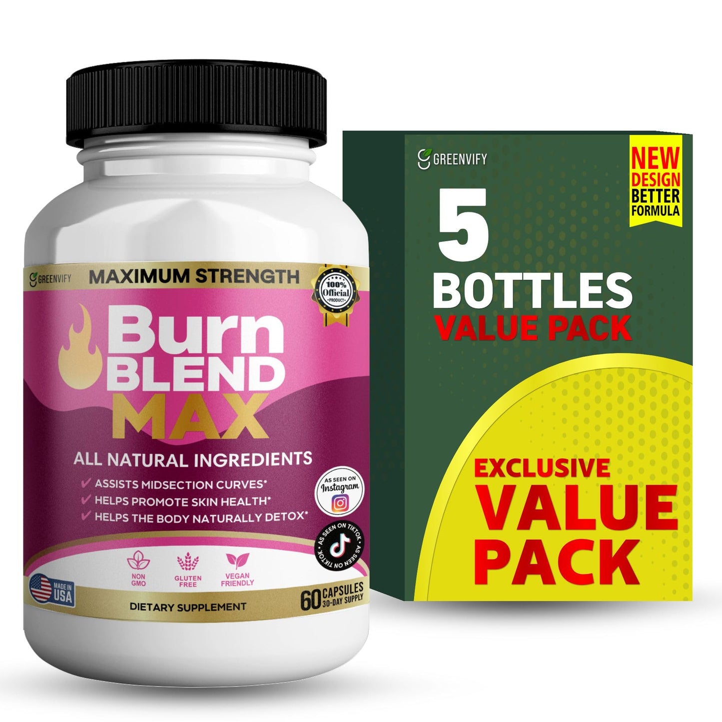 GREENVIFY Burn Blend Max Premium Thermogenic Energy and Fat Oxidation Formula, 60 Capsules