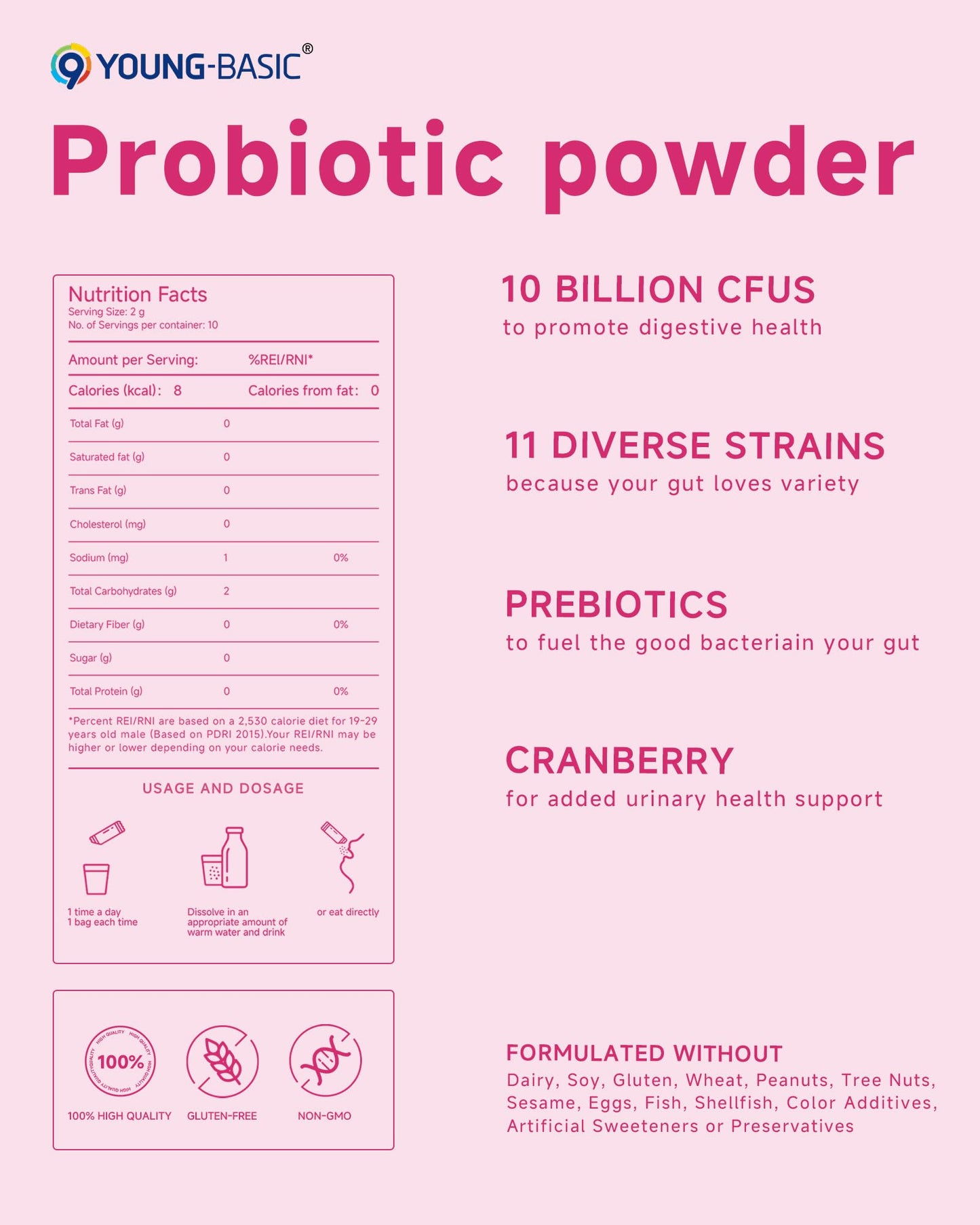9 YOUNG-BASIC Probiotic Powder for Women, 100+ Billion CFU, Cranberry, 0.71 oz
