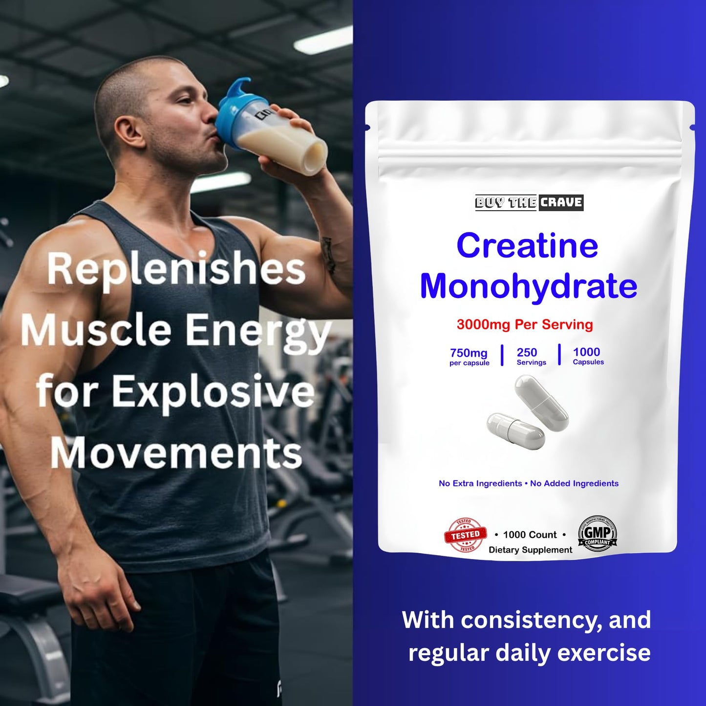 BUY THE CRAVE Micronized Creatine Monohydrate Capsules 1000 Capsules