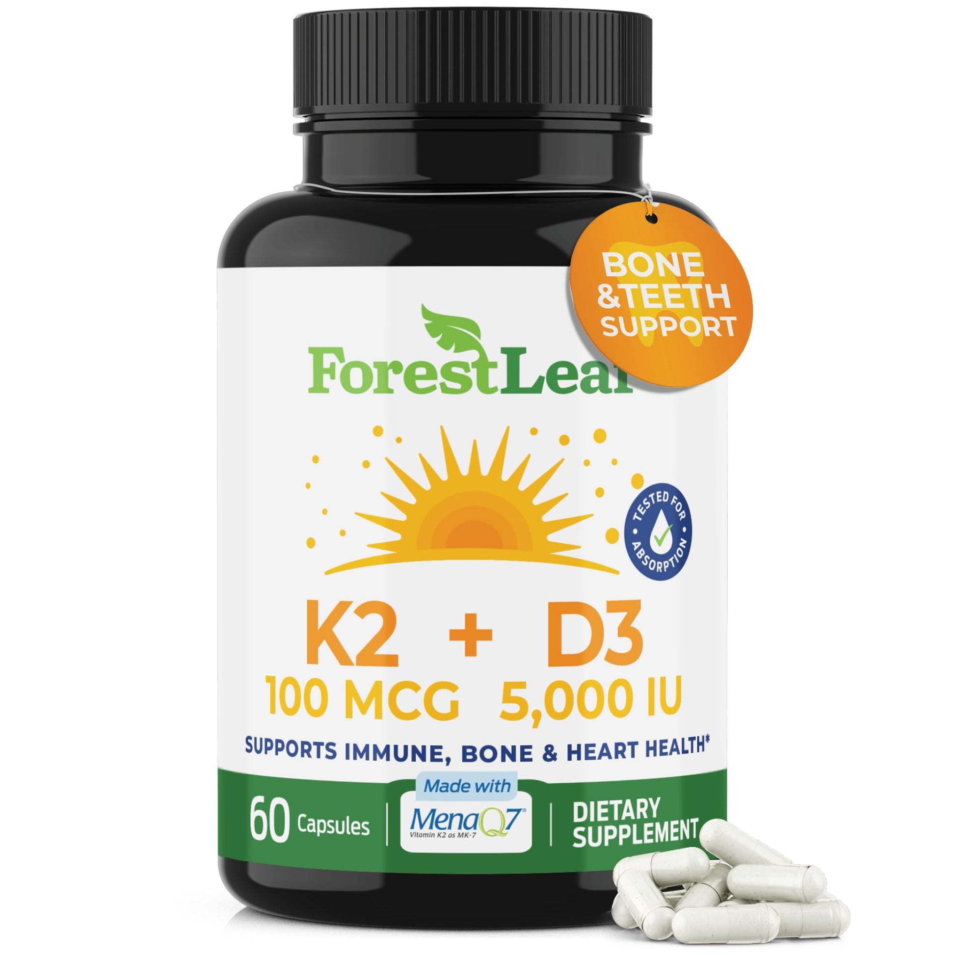 ForestLeaf Vitamin D3 + K2 (MK7) Supplement Capsule, 60 Capsules