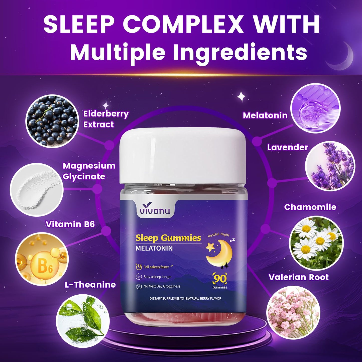 VivoNu Melatonin Gummies 10mg, 9-in-1 Herbal Sleep Aids, 90 Count