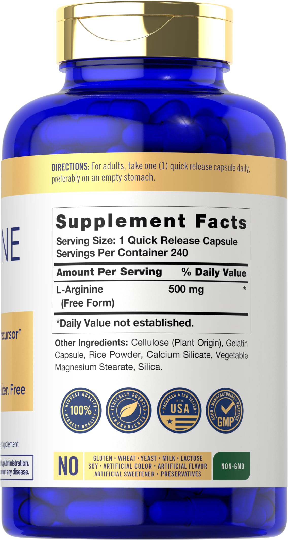 Carlyle L-Arginine 500 mg Nitric Oxide Precursor Capsule, 240 Count