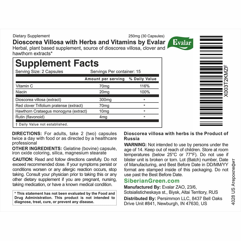 Evalar Dioscorea Villosa Wild Yam Red Clover Extract Ateroklefit Herb Capsules, 30 Count
