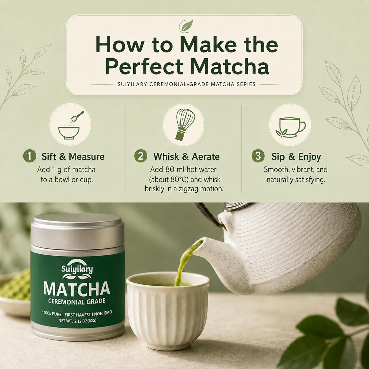 Suiyilary Ceremonial Grade Matcha Powder, 2.12 oz