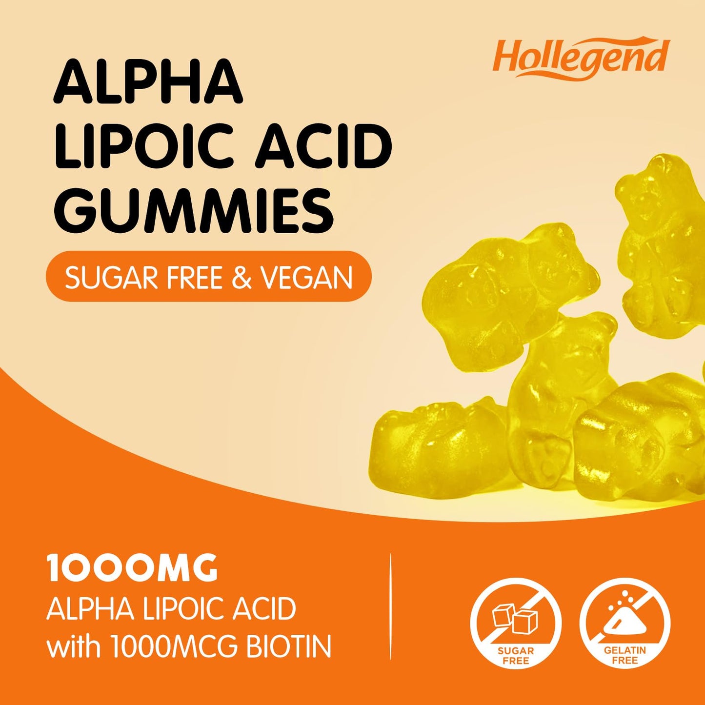HOLLEGEND Alpha Lipoic Acid Gummy 1000mg with Biotin, High Absorption Chewable ALA Supplement for Antioxidant, Brain Health and Nerve Support, Pineapple Flavor, Sugar Free, 60 Gummies