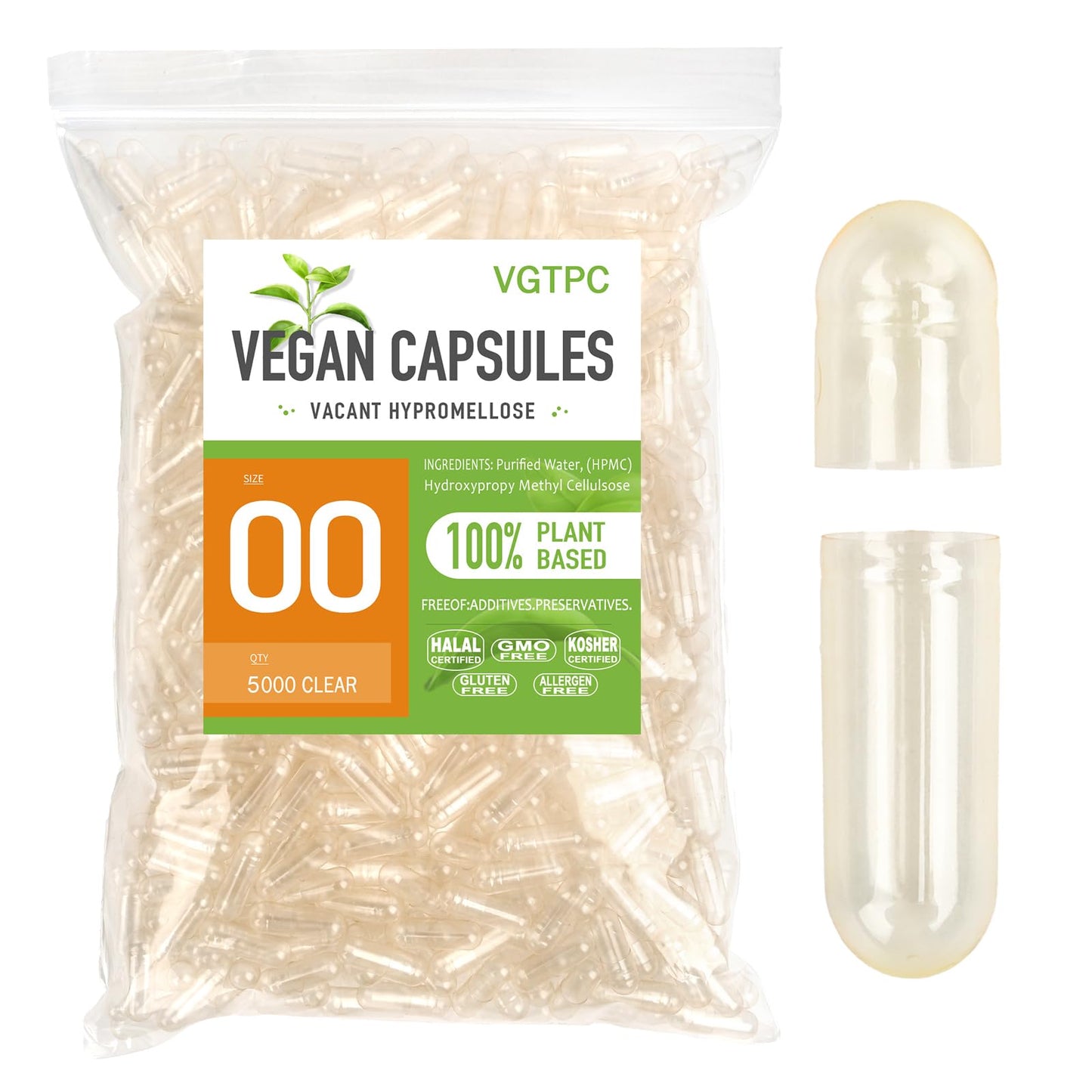 VGTPC Empty Veggie Capsules Size 00 Separated Clear Capsules, 5000 Count