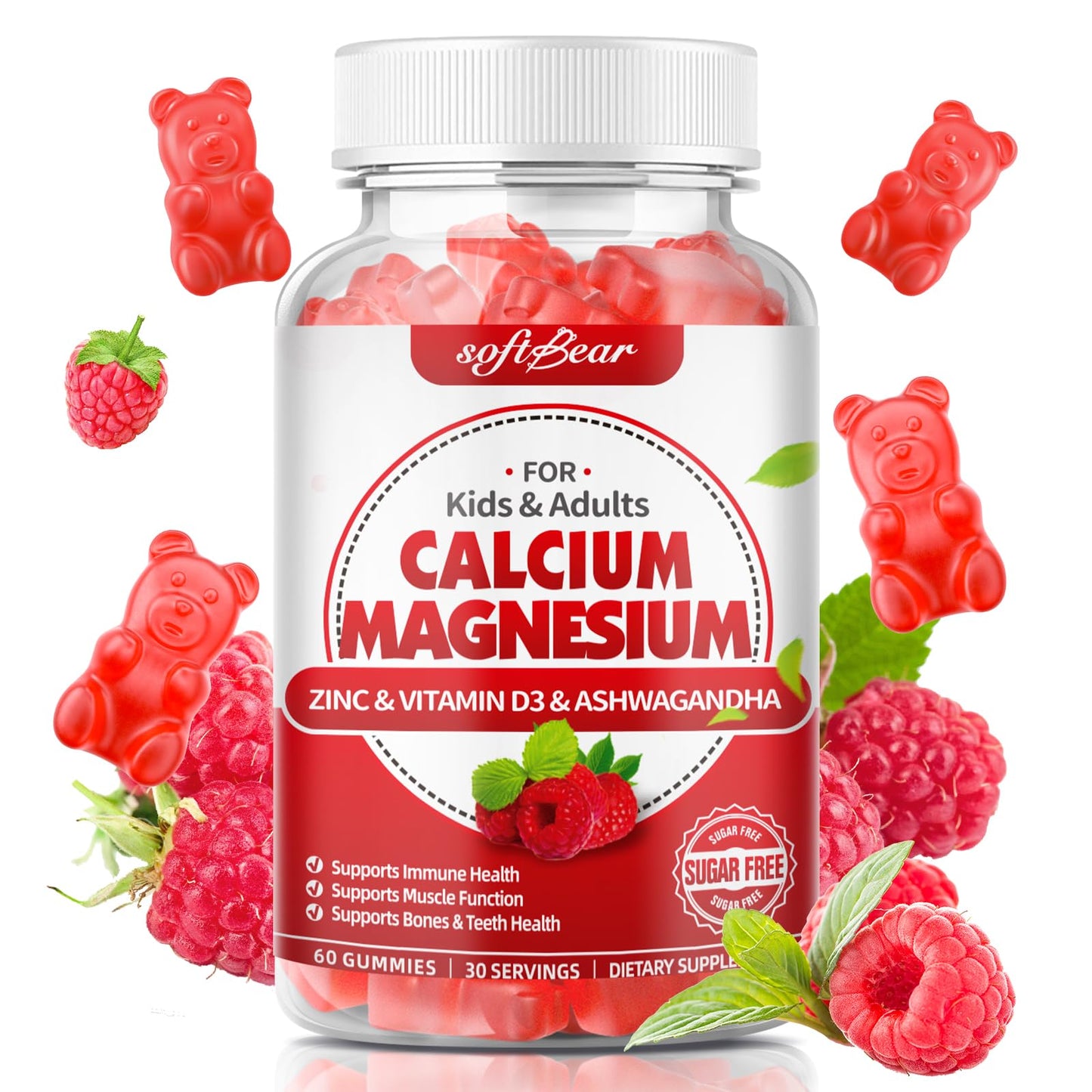 softbear Calcium Magnesium Zinc Gummies for Women with Vitamin D3, Vegan Sugar-Free Raspberry Flavor, 60 Gummies