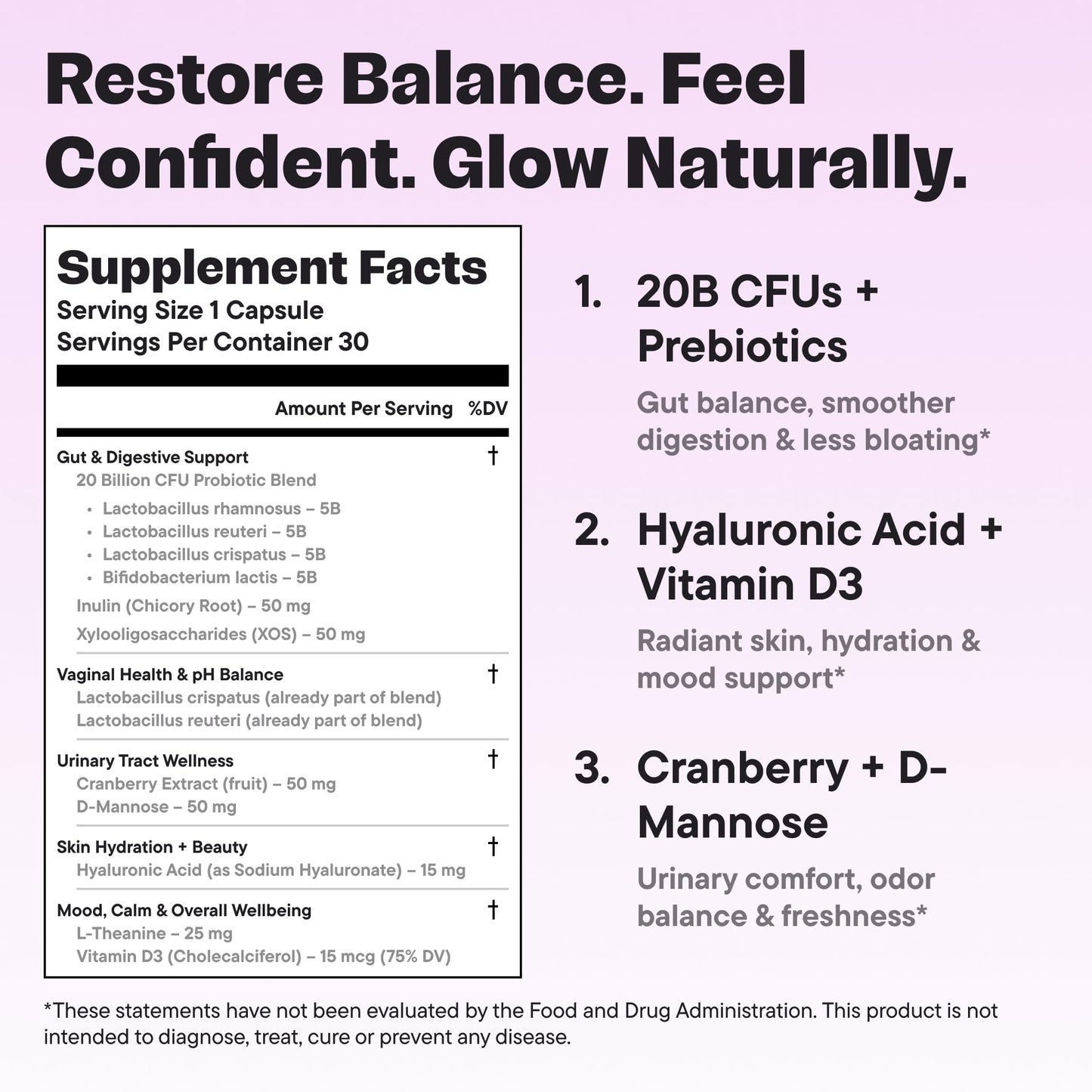 VitalForm Women’s Probiotic 20 Billion CFU – 5-in-1 Daily Support for Digestive, Vaginal & Urinary Health – with Cranberry, D-Mannose, Prebiotics & Hyaluronic Acid – 30 Capsules