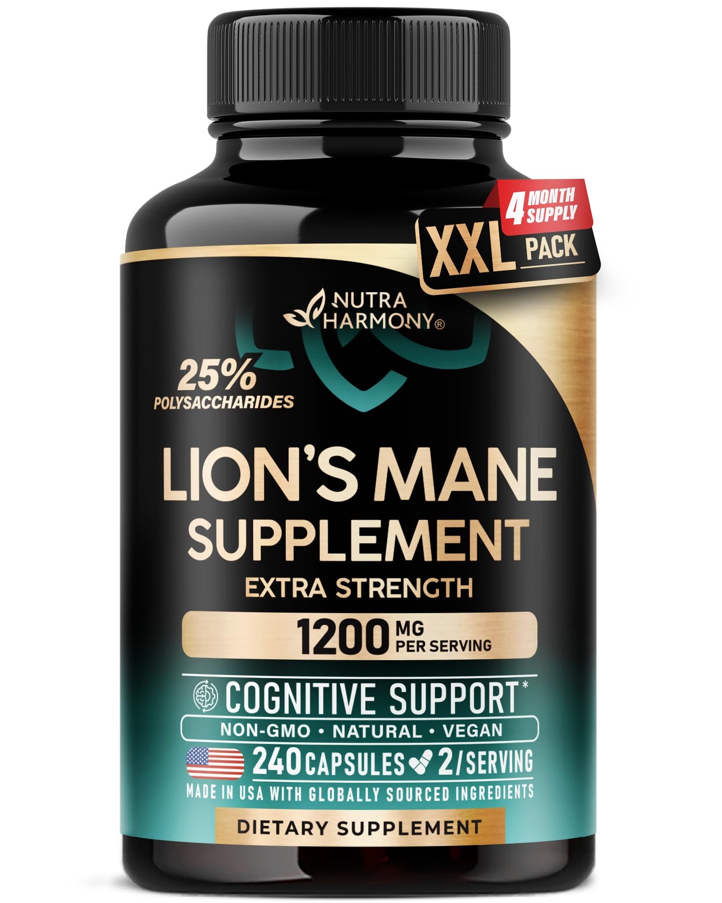 NutraHarmony Lions Mane Supplement Capsules 1200 mg, 240 Capsules