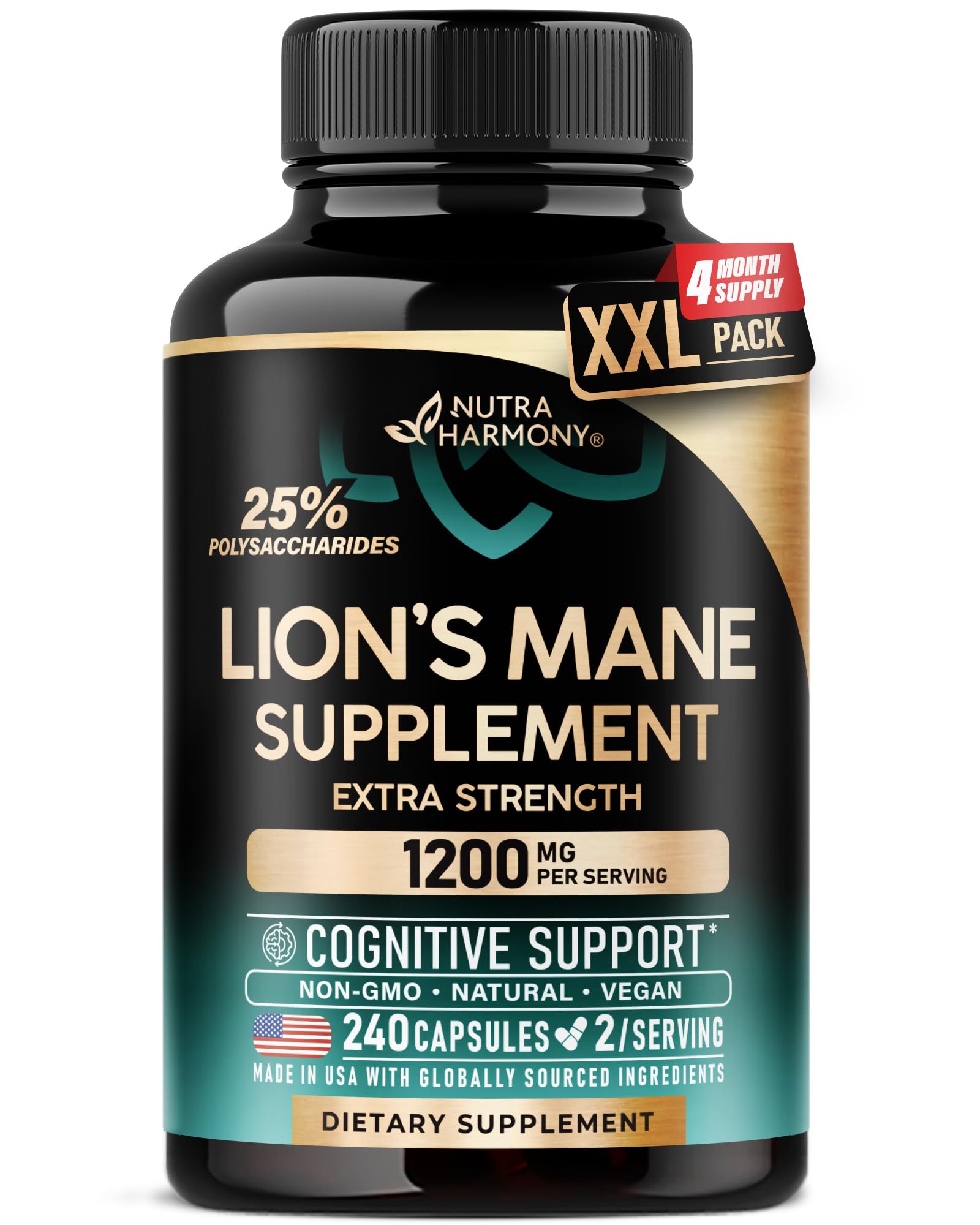 NutraHarmony Lions Mane Supplement Capsules 1200 mg, 240 Capsules