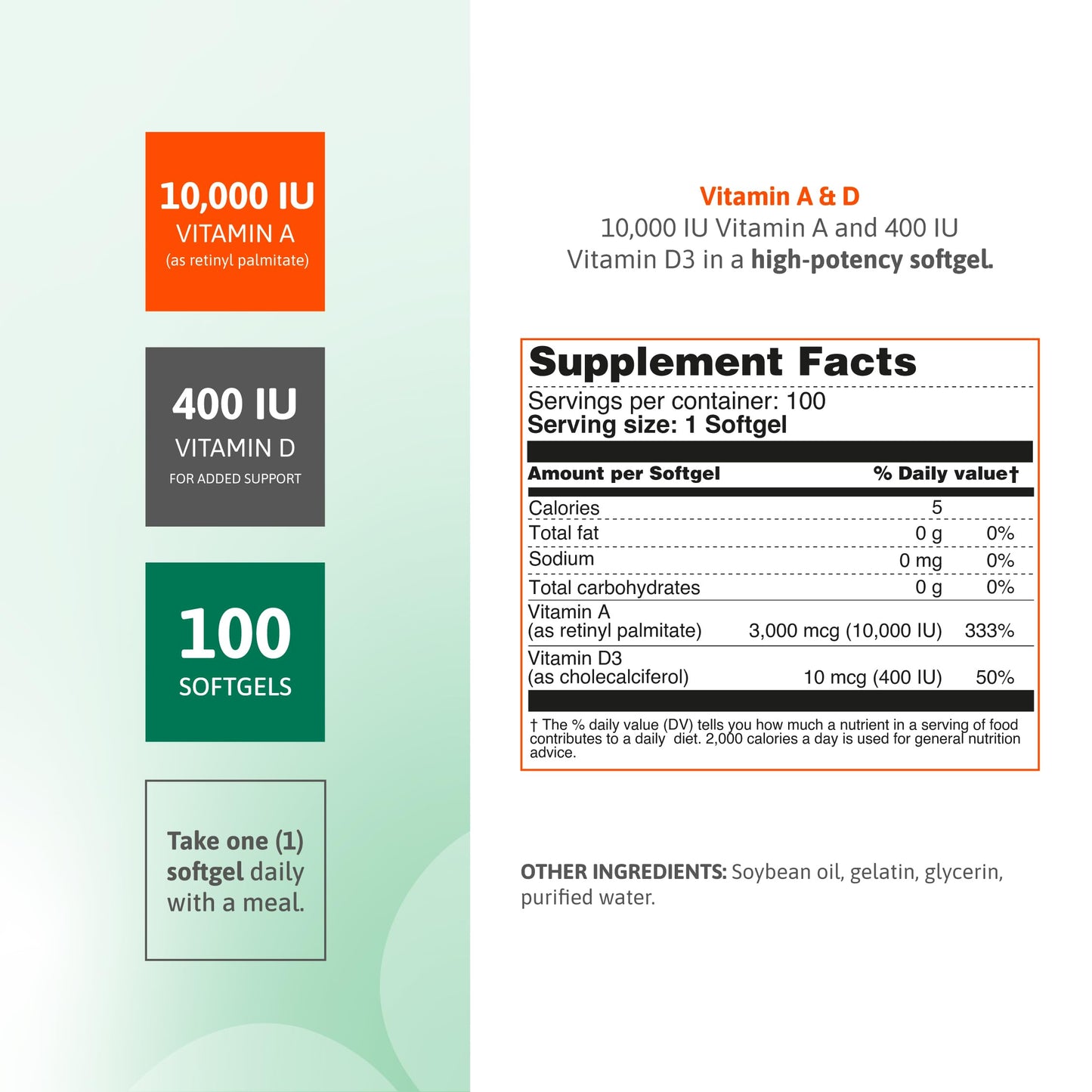 Nutra Nutrition Vitamin A 10,000 IU & Vitamin D3 400 IU Capsules, 100 Count