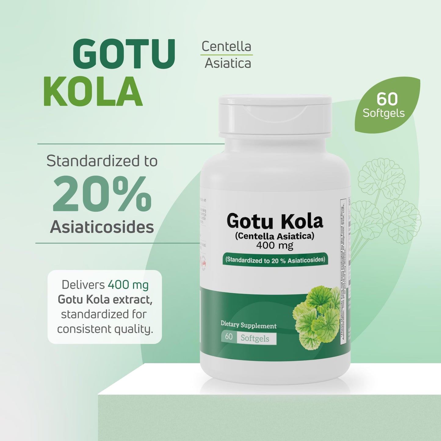 Nutra Nutrition Gotu Kola 400 mg (Centella Asiatica) – Standardized to 20% Asiaticosides – Supports Circulation, Cognitive Function & Skin Health – 60 Capsules