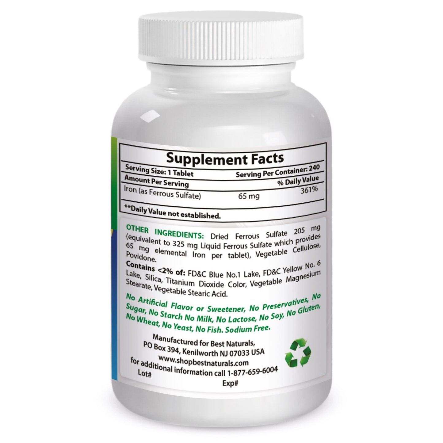 Best Naturals Iron Ferrous Sulfate 65 mg Tablets, 240 Count