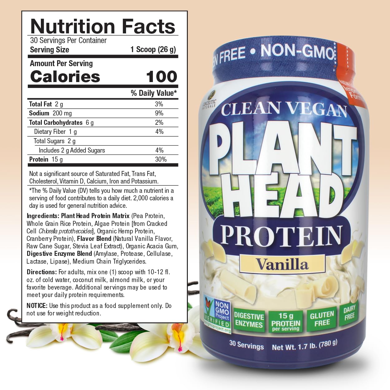 Genceutic Naturals Plant Head Real Meal Protein Powder, Vanilla Flavor, 27.2 oz