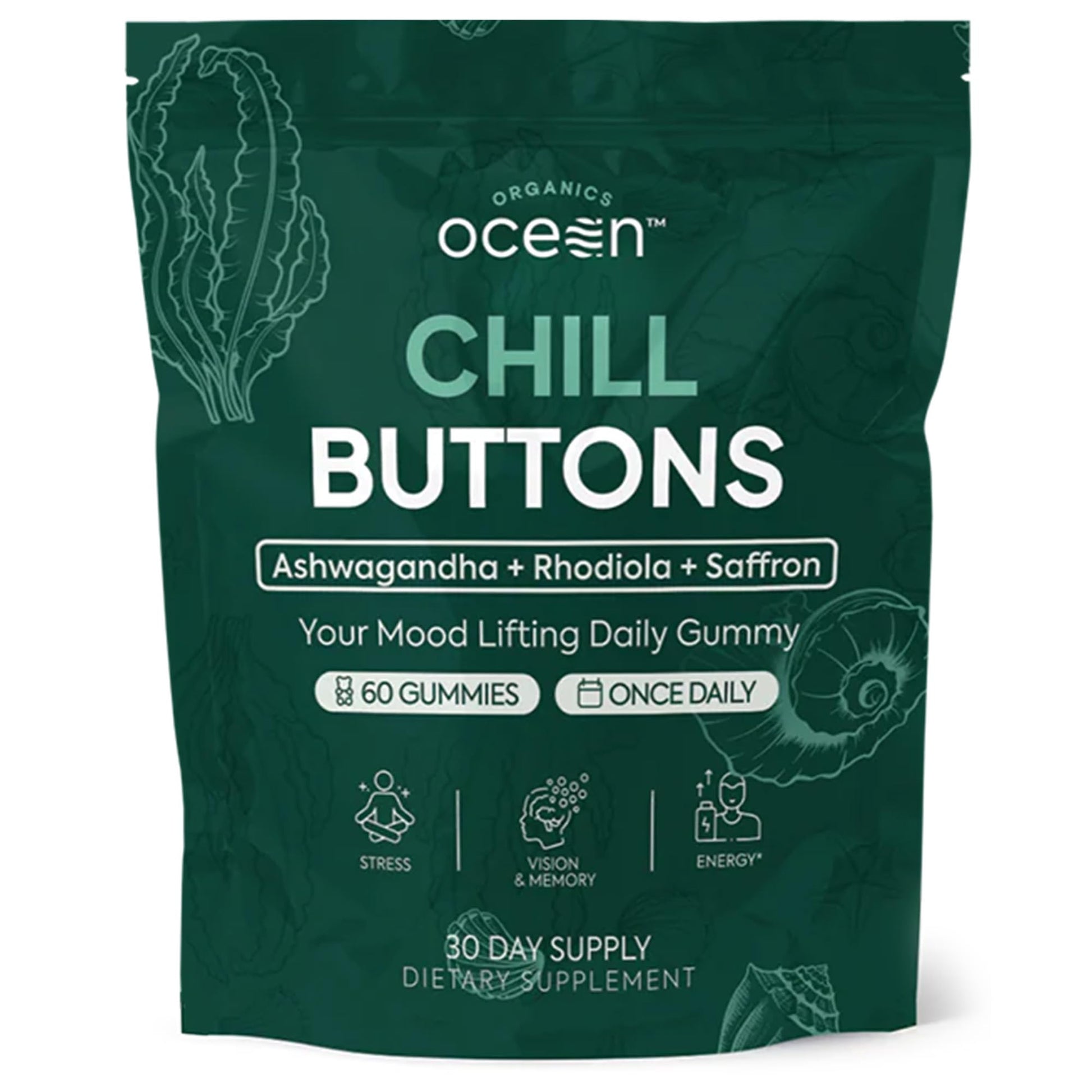 Organics Ocean Chill Buttons Natural Ashwagandha Gummy Supplement with Organic KSM-66, Saffron & Rhodiola Rosea – Supports Relaxation, Mood, Focus & Energy, 90 Count