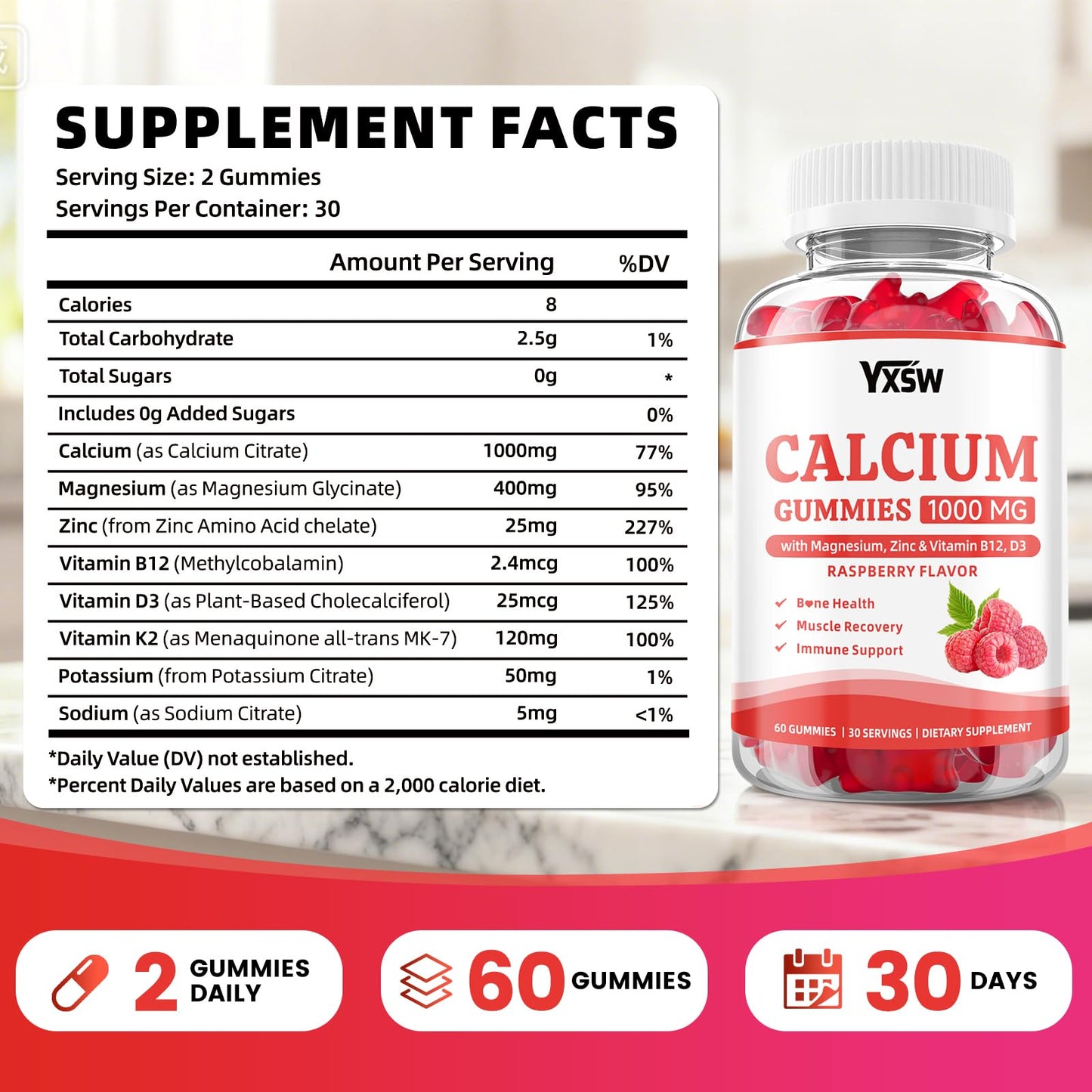 YXSW Calcium Gummies 1000mg with Vitamin D3 K2 & B12 Complex, Gummies, 60 Count