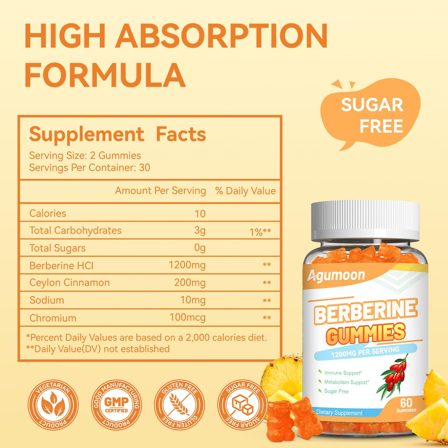 Agumoon Berberine Gummies 1200mg with Ceylon Cinnamon for Immune System & Metabolism Support, 120 Count