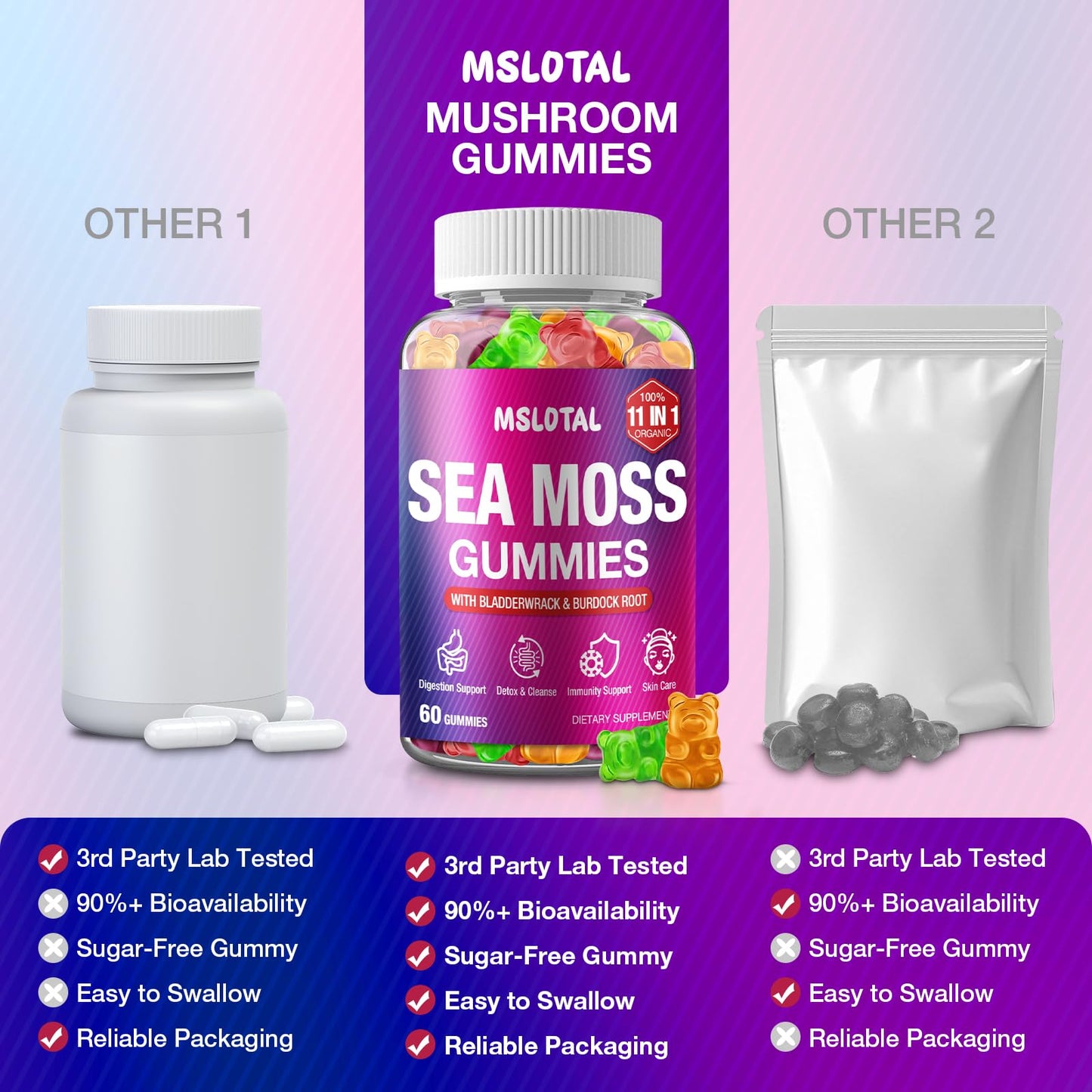 MSLOTAL Irish Sea Moss Gummies with Black Seed Oil, Ashwagandha, Bladderwrack & Burdock Root, Shilajit Immune Support, Vegan, 120 Gummies