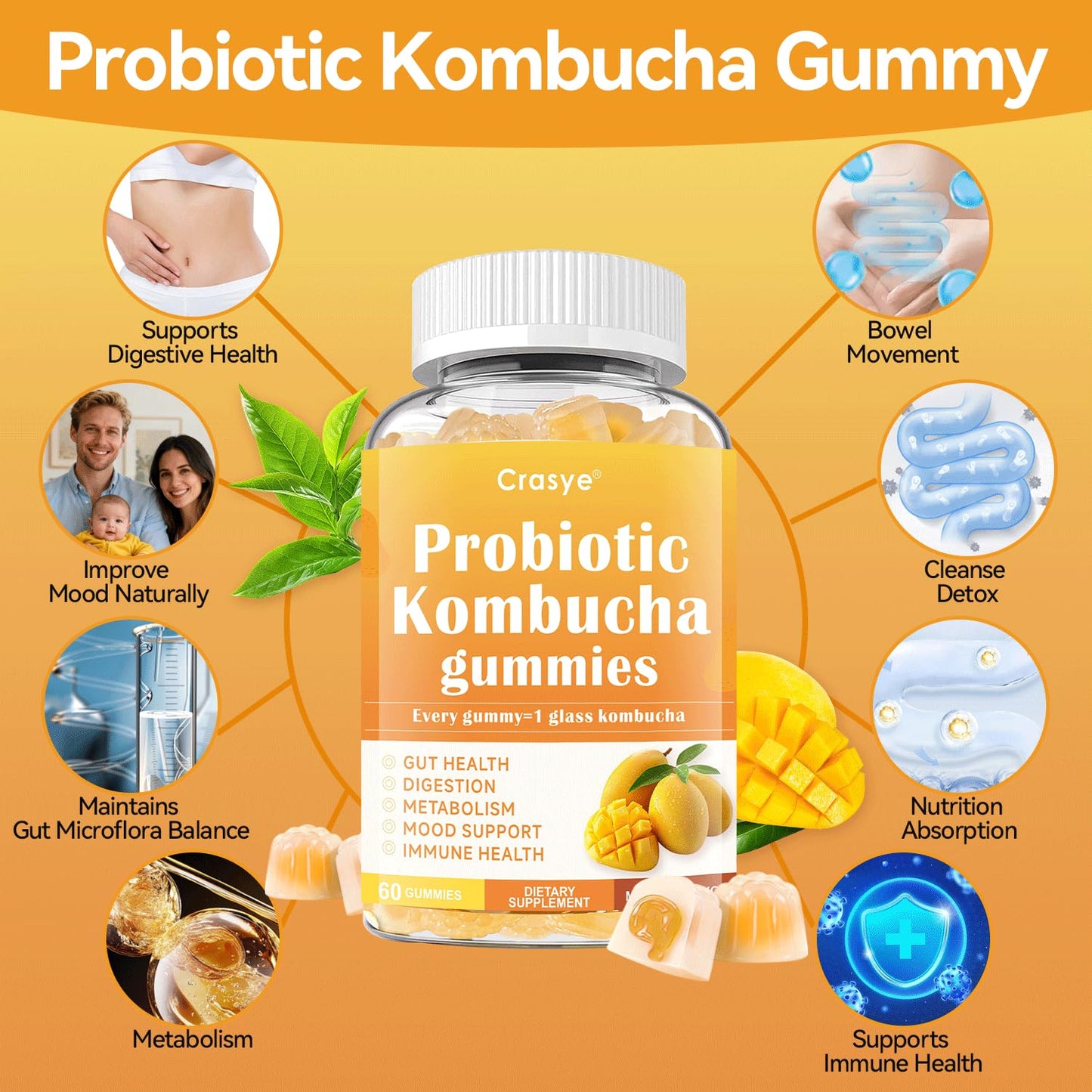 Crasye Probiotic Kombucha Gummies Sugar Free Prebiotic Postbiotic Probiotics with Slippery Elm for Women and Men, Gut Health & Immune Support, 60 Gummies