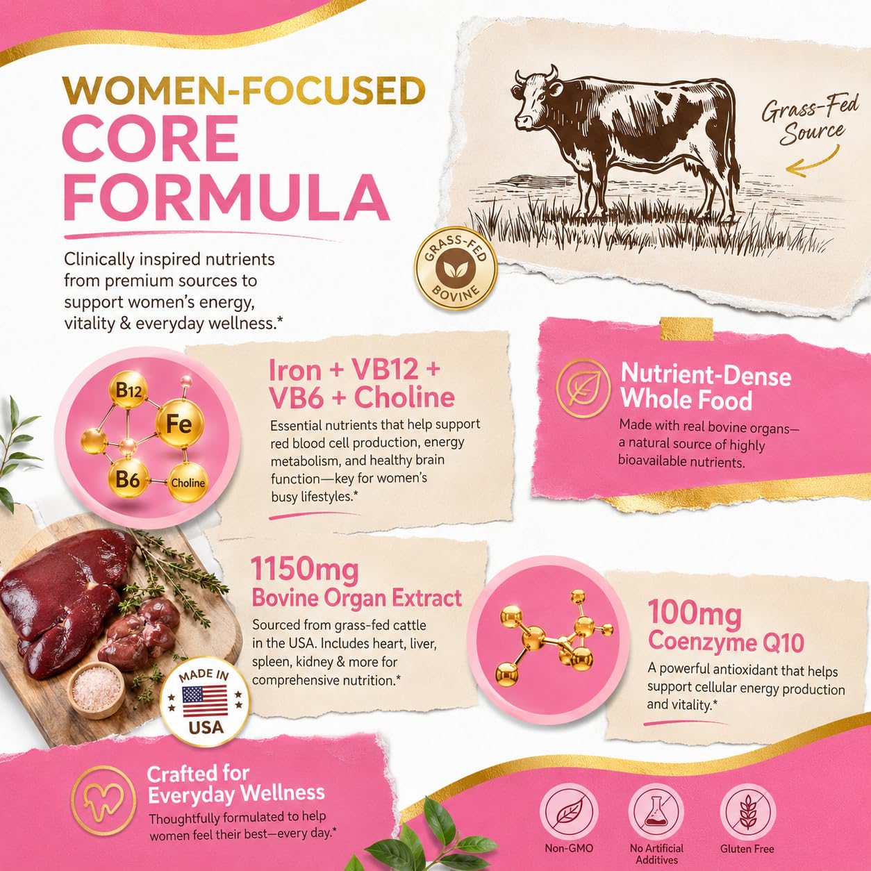 HEALOADING Beef Organ Supplement for Women Grass-Fed 100% Desiccated & Non-Defatted Liver, Heart, Kidney, Spleen, Pancreas Capsules, 120 Count