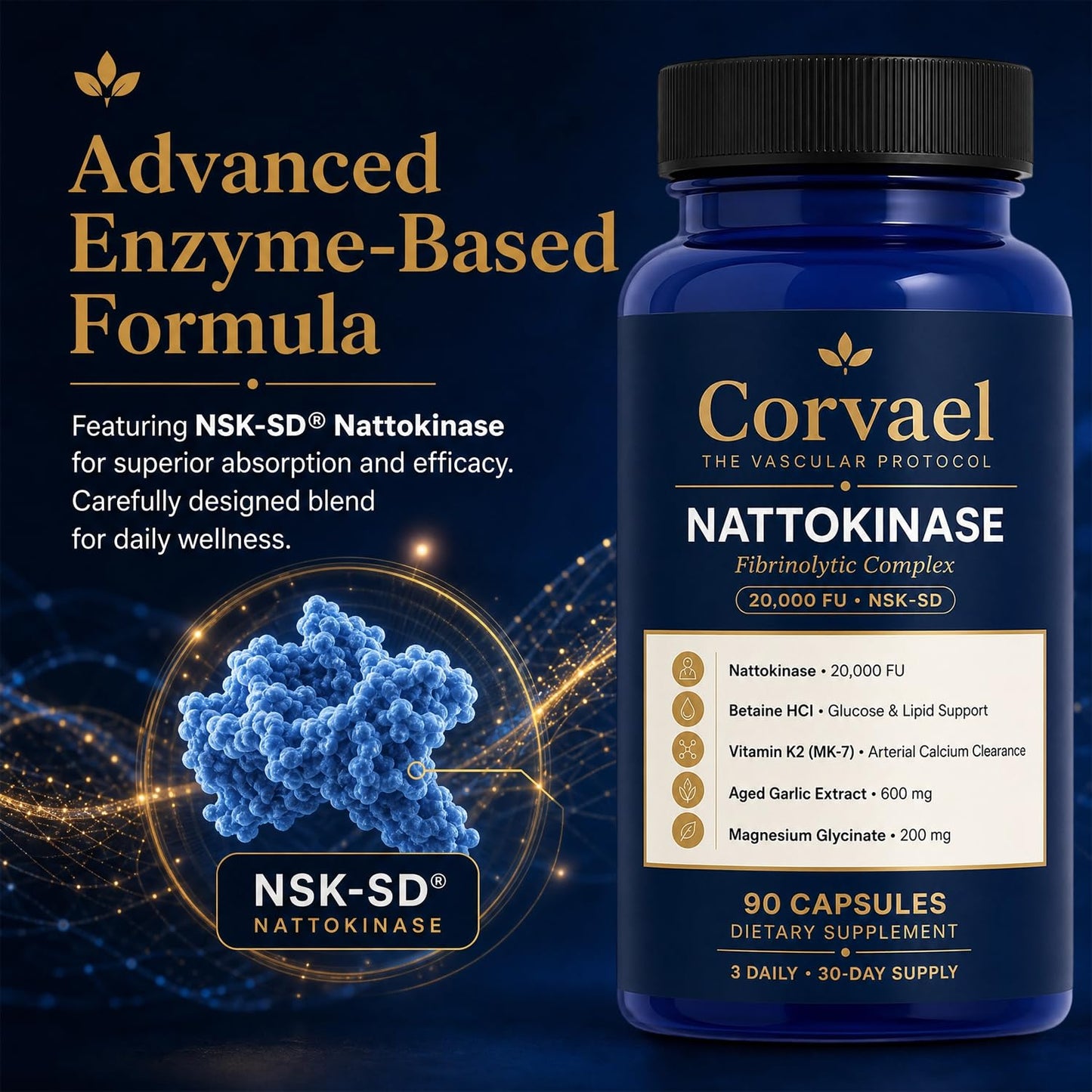 Seven Green Corvael Nattokinase 20000 FU, Nattokinase Fibrinolytic Complex, 90 Capsules