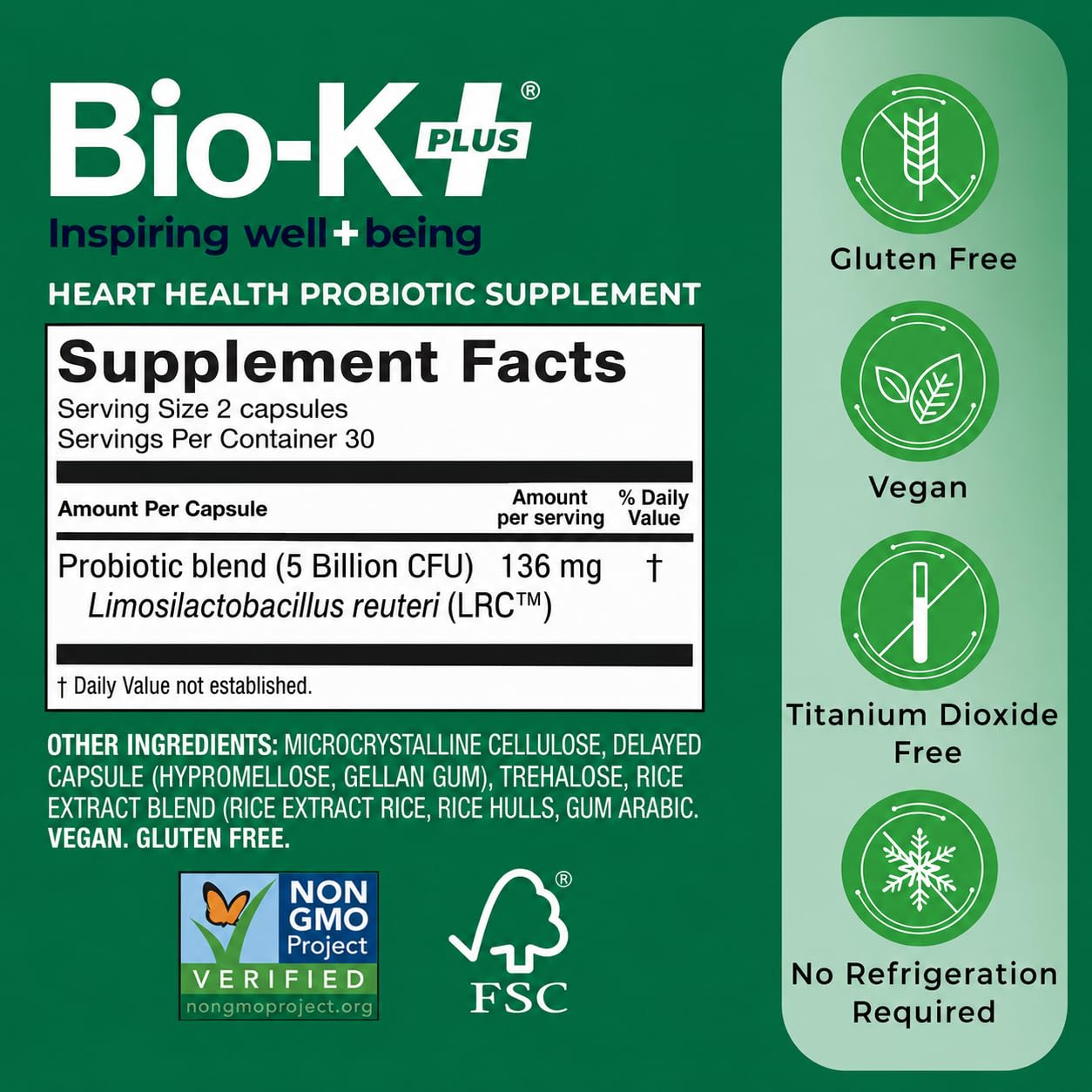 Bio-K Plus Heart Health Probiotic LRC Strain 5B CFU Vegan 60 Capsules