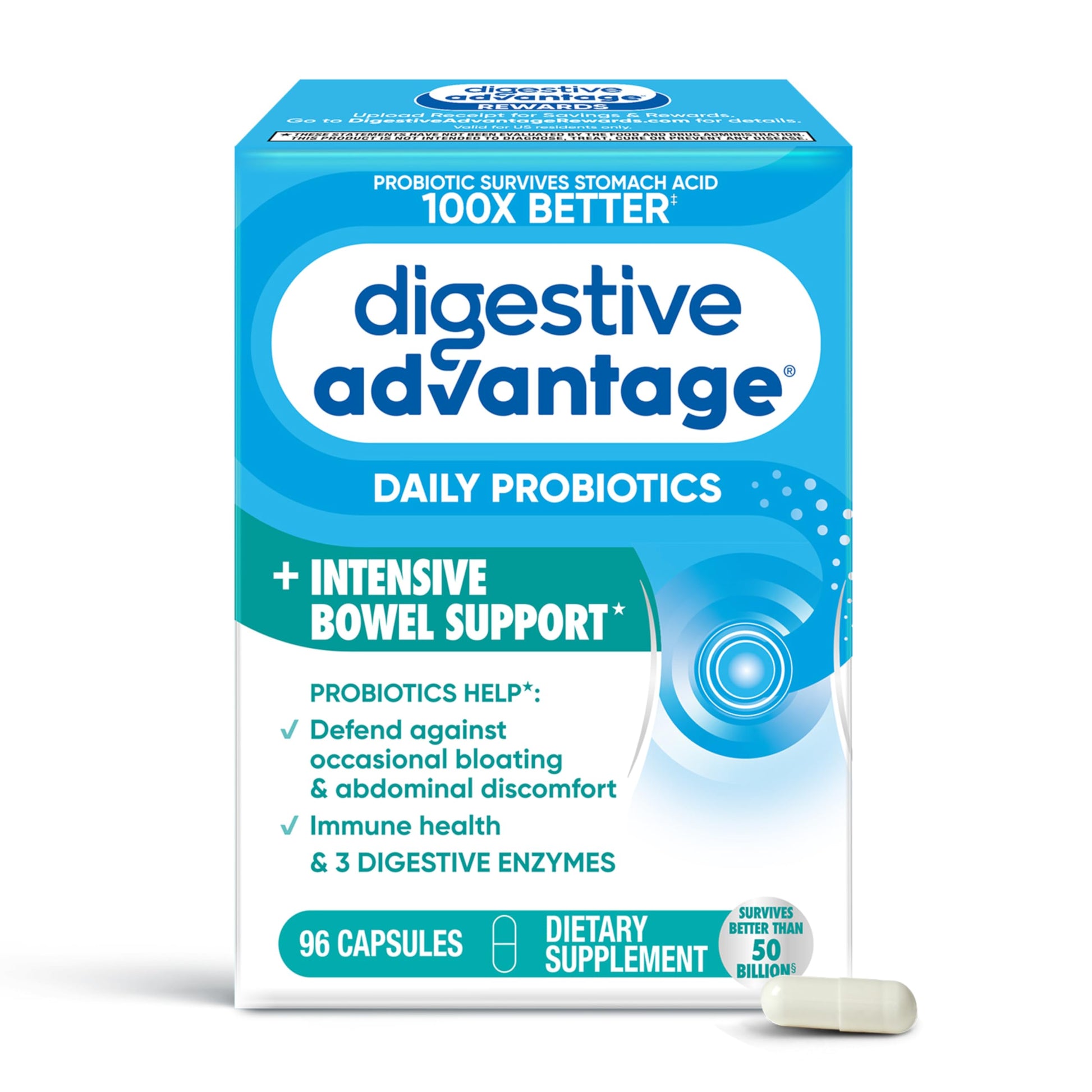 Digestive Advantage Daily Probiotic Capsules for Digestive Health & Gut Health, Probiotics for Men and Women, 96 Capsules