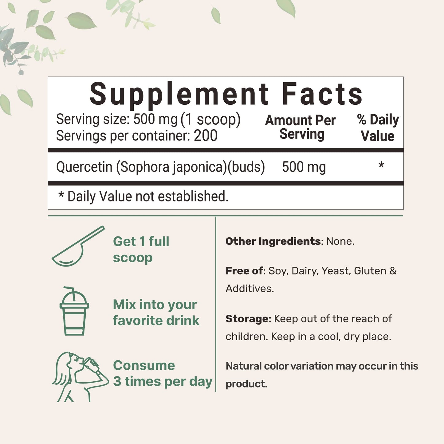 Micro Ingredients Quercetin Dihydrate Powder, Quercetin 500mg per Serving, 3.53 Ounce