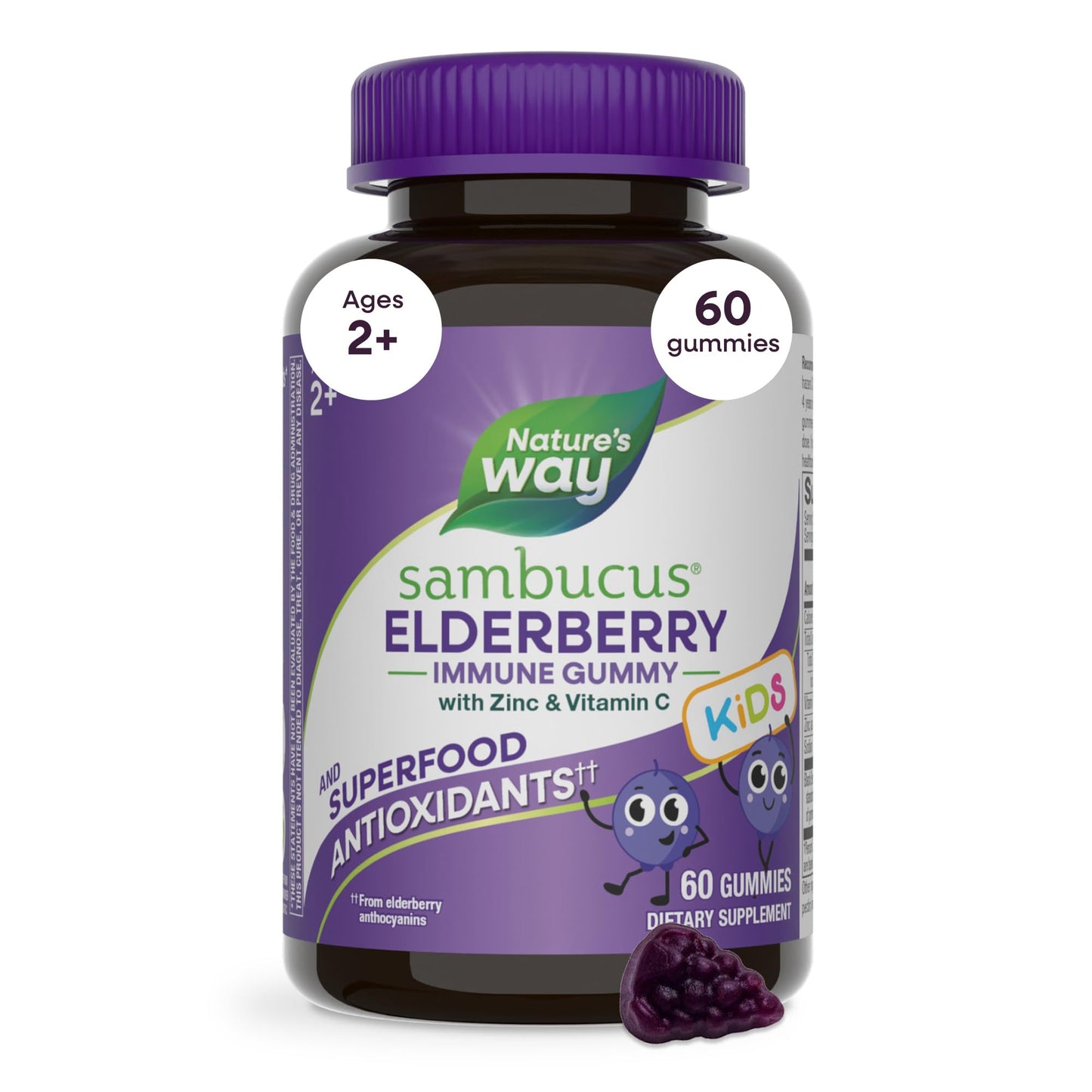 Nature's Way Sambucus Kids Elderberry Immune Gummies with Black Elderberry Extract, Daily Immune Support with Vitamin C & Zinc for Children 2+, 60 Gummies