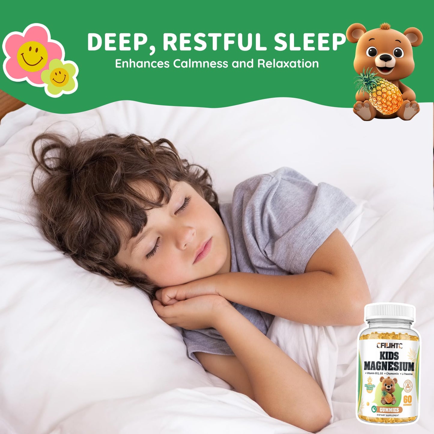 CFILIHTC Kids Magnesium Glycinate Gummies with Citrate, Zinc, Vitamin D3, B12, L-Theanine, Pineapple Flavor, 60 Gummies