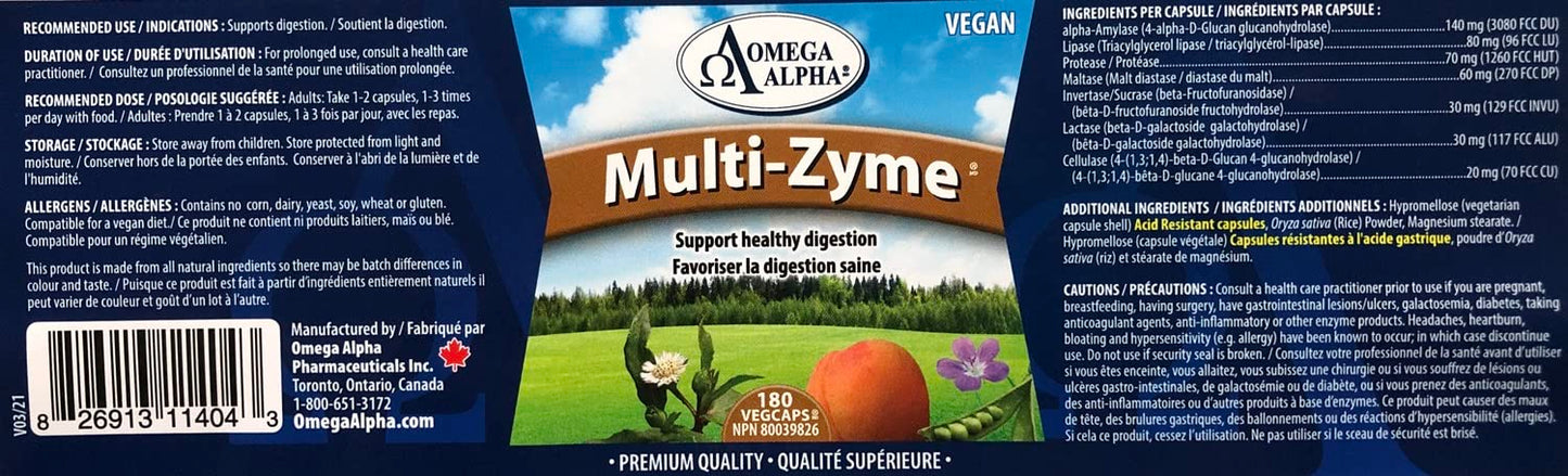Omega Alpha Multi-Zyme Digestive Enzyme Capsule 180 Count