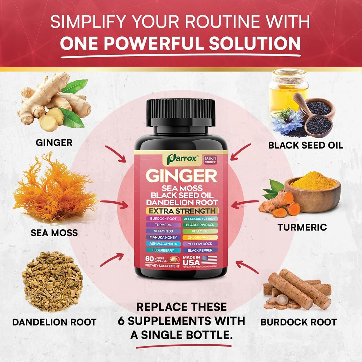 Parrox Ginger Sea Moss Herbal Supplement, 16-in-1 Black Seed Oil & ACV, 180 Capsules