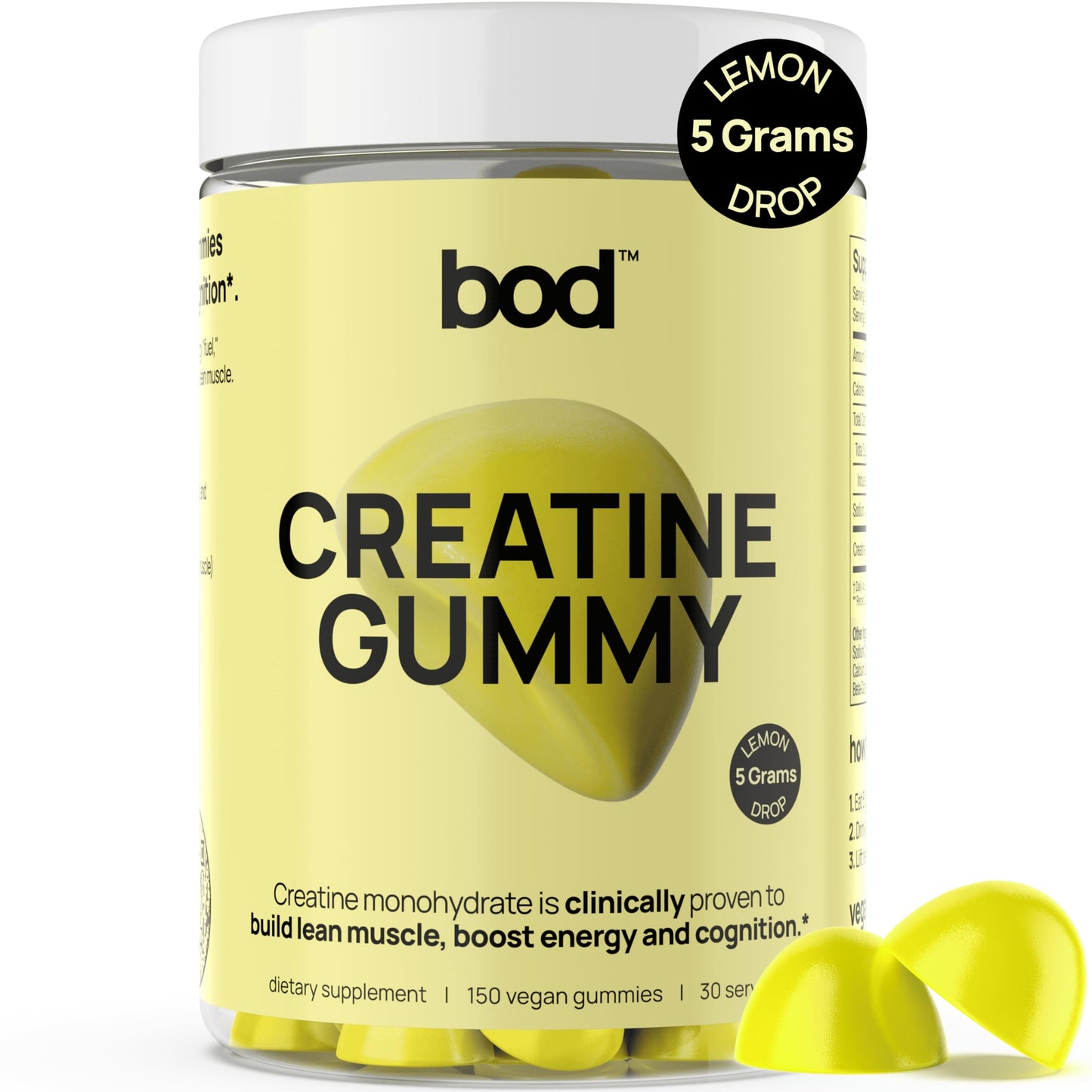 BOD Creatine Gummies, Creatine Monohydrate, Lemon Drop, 5g per Serving, 150 Gummies
