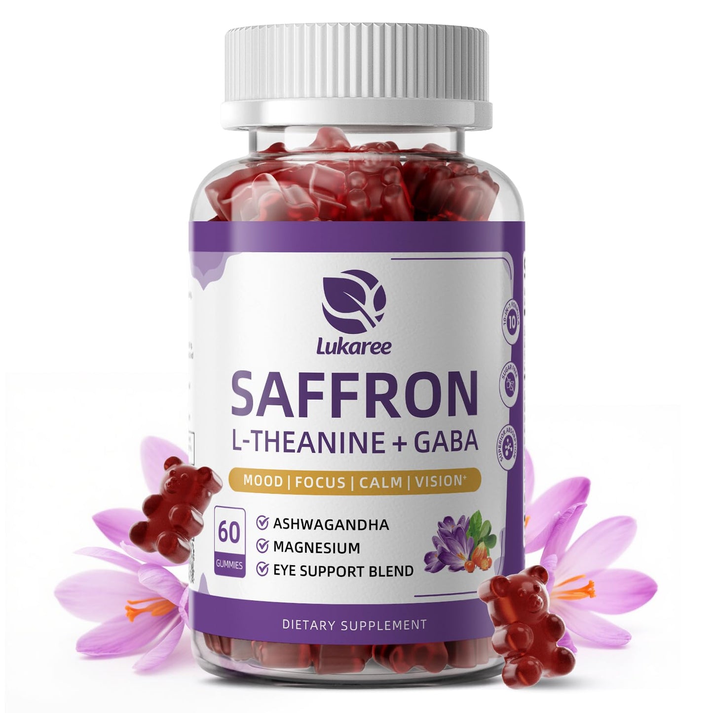 Lukaree 10-in-1 Saffron Gummies with L-Theanine 200mg, GABA, Ashwagandha, Turmeric, Lutein, Zeaxanthin & Astaxanthin for Mood, Focus & Eye Support, 60 Gummies