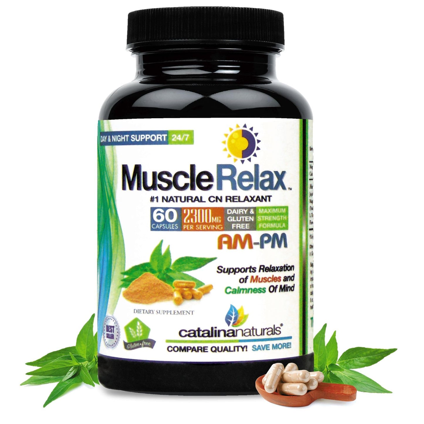 Catalina Naturals The Original Natural Muscle Relaxant AM-PM 24/7 Natural Day/Night Large 2300mg Maximum Strength Plus Magnesium Glycinate Capsule, 60 Count