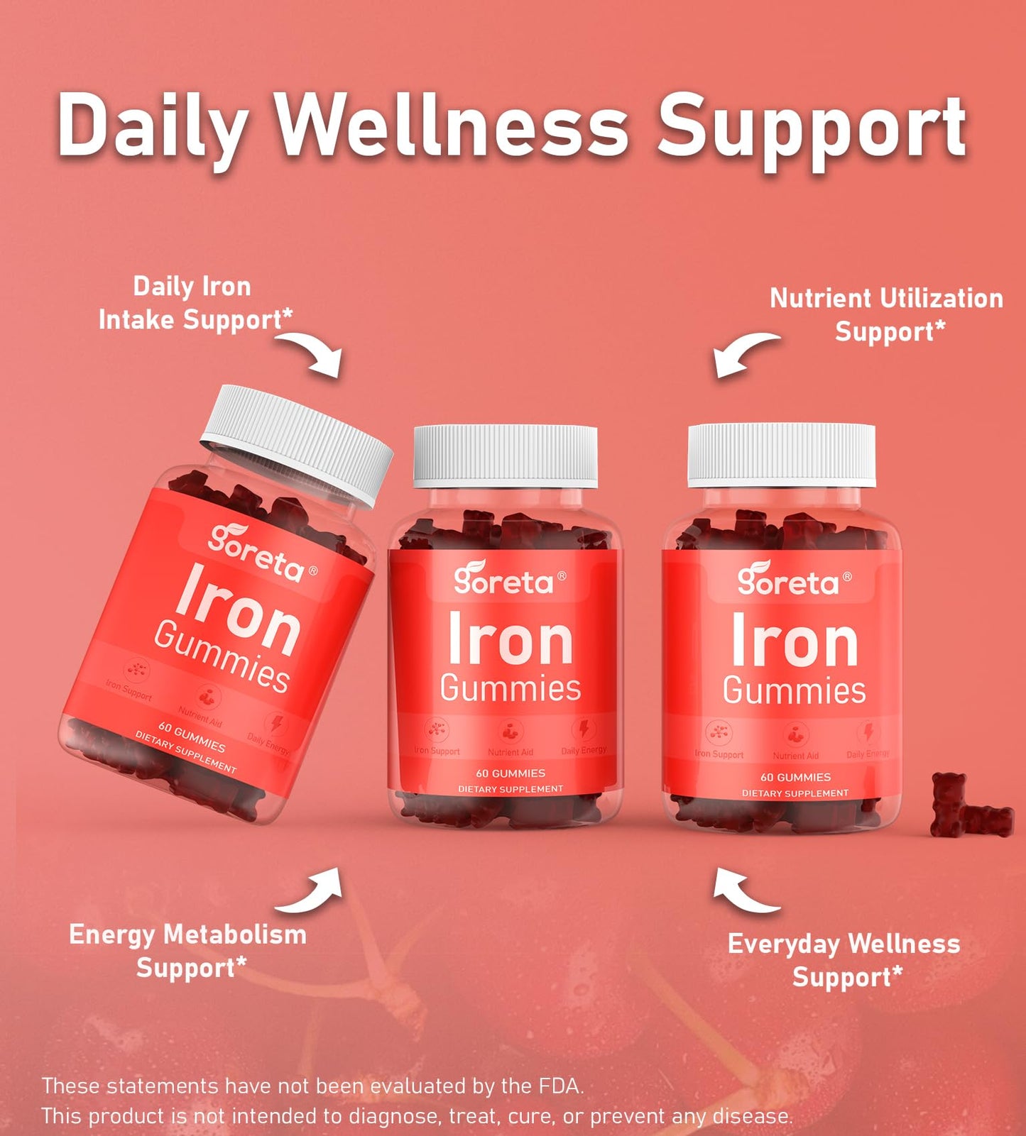 Goreta Iron Gummies with Bisglycinate 25mg, Vitamin C, B12 & Folic Acid, Pectin-Based, Cherry Flavor, 60 Count