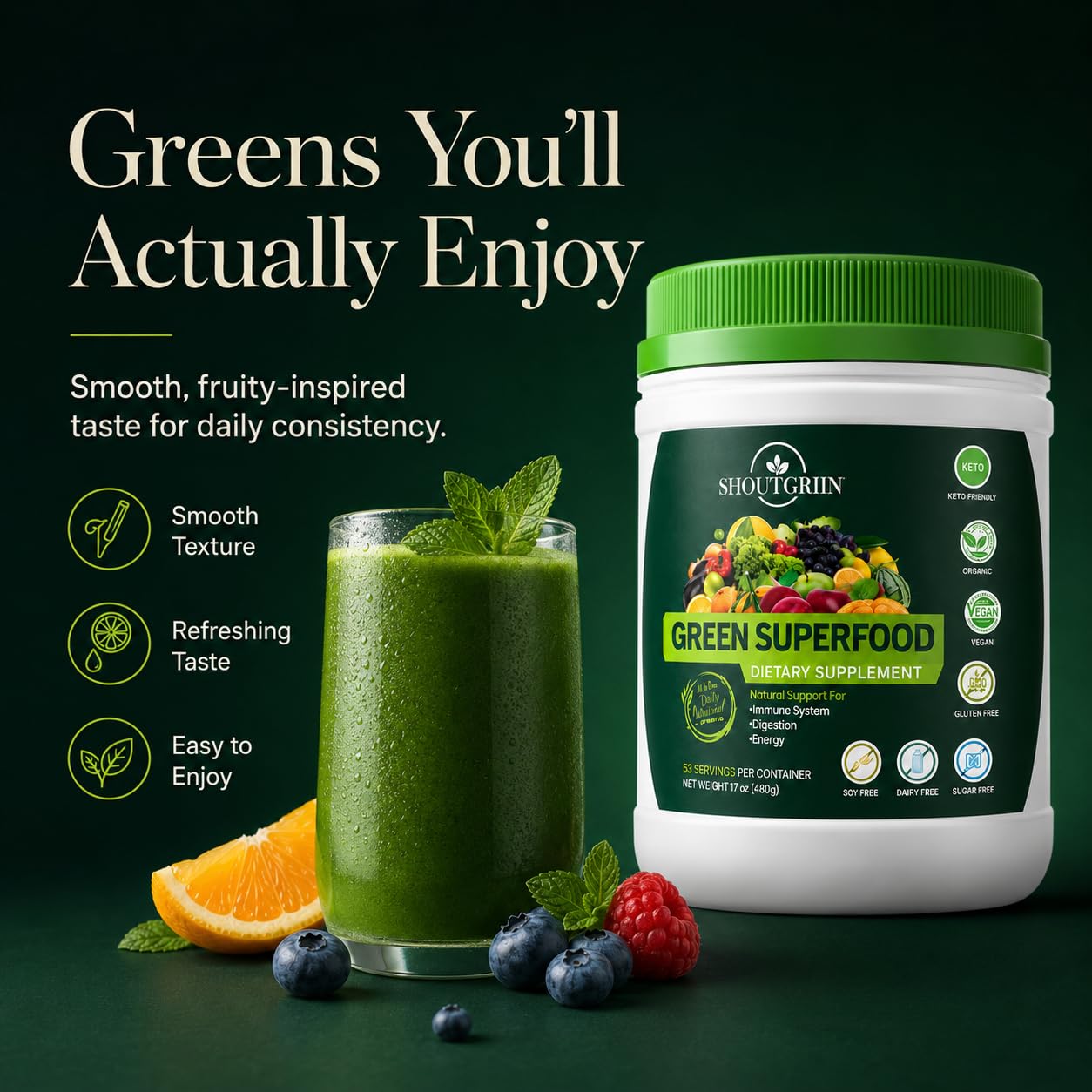 SHOUTGRIIN Green Superfood Powder 17 Ounce Pack of 1