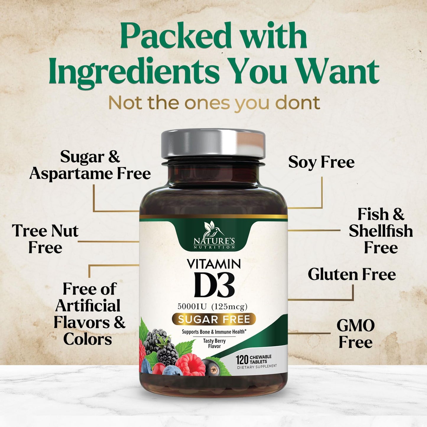 Nature's Nutrition Vitamin D3 5000 IU (125 mcg) Chewable, 120 Count