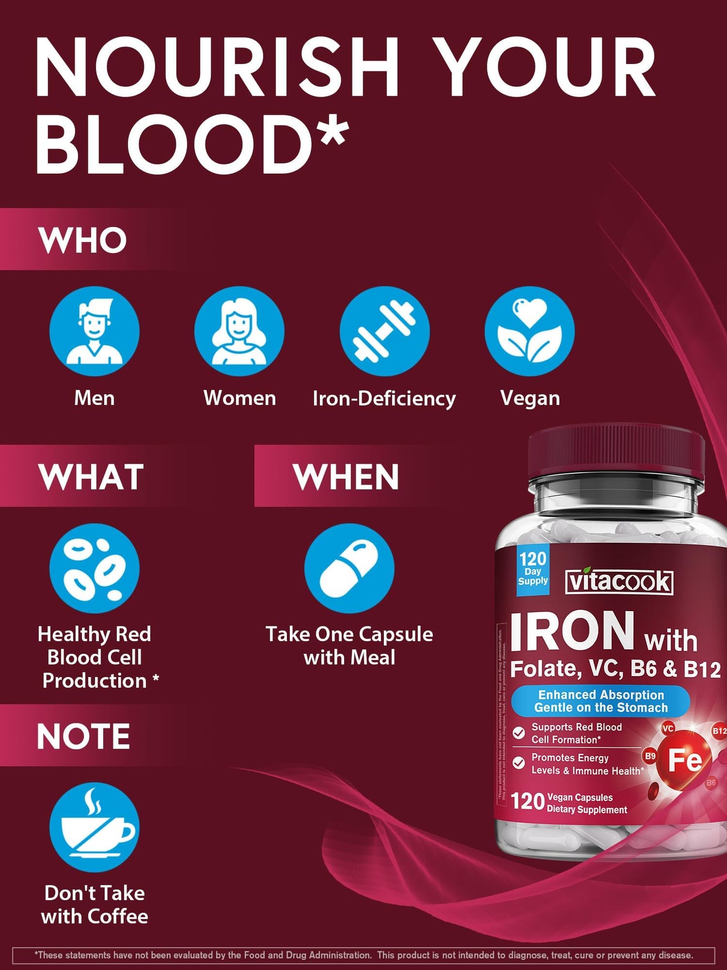 Vitacook Iron Supplement for Women & Men, Iron Bisglycine with Vitamin C, B6, B12, Folate, Capsule, 120 Count