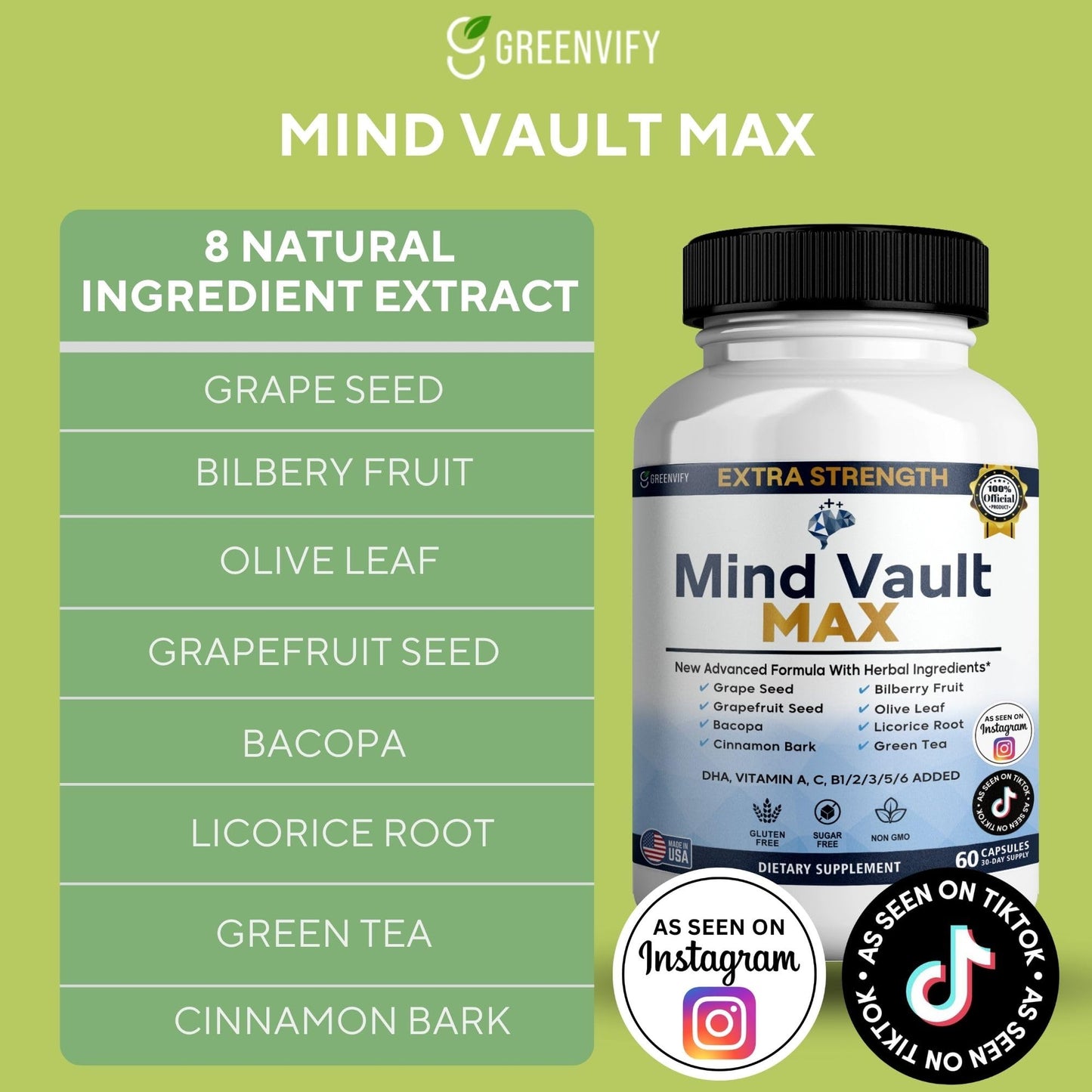 GREENVIFY Mind Vault Max Extra Strength Nootropic Supplement Capsule, 120 Count