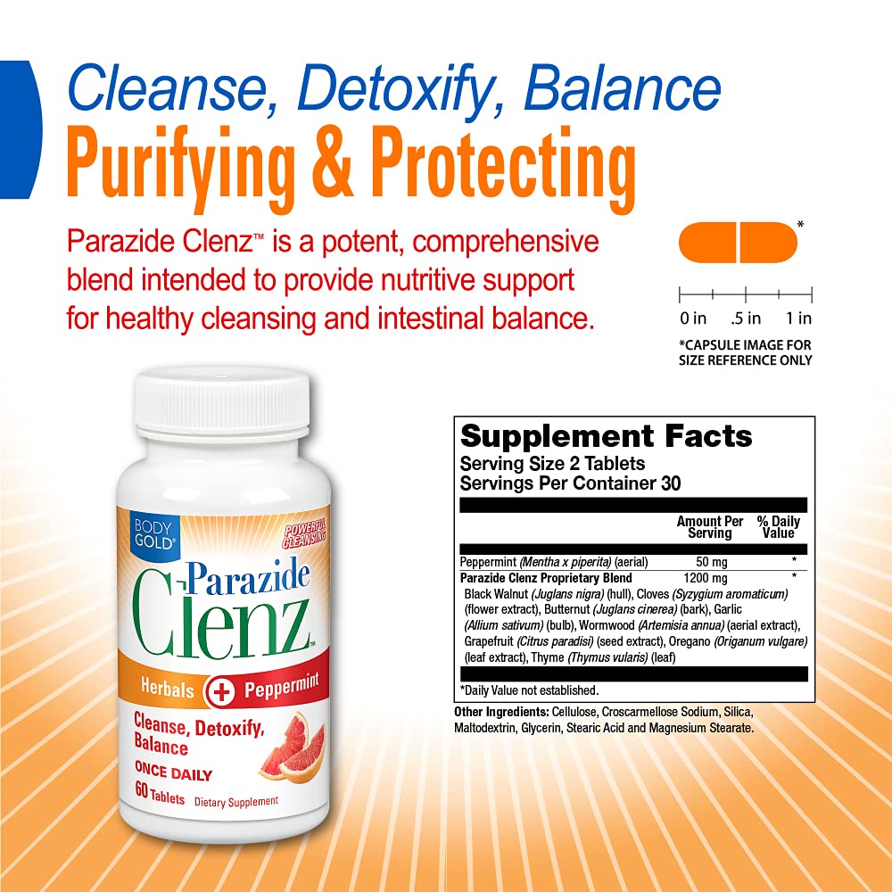 Body Gold Parazide Clenz Herbals & Peppermint Intestinal Cleanse & Detox with Black Walnut & More, 60 Tablets