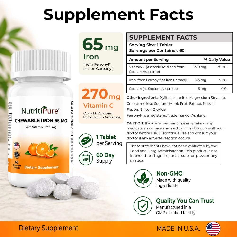NutritiPure Carbonyl Iron 65mg Tablets with 270mg Vitamin C, 120 Tablets