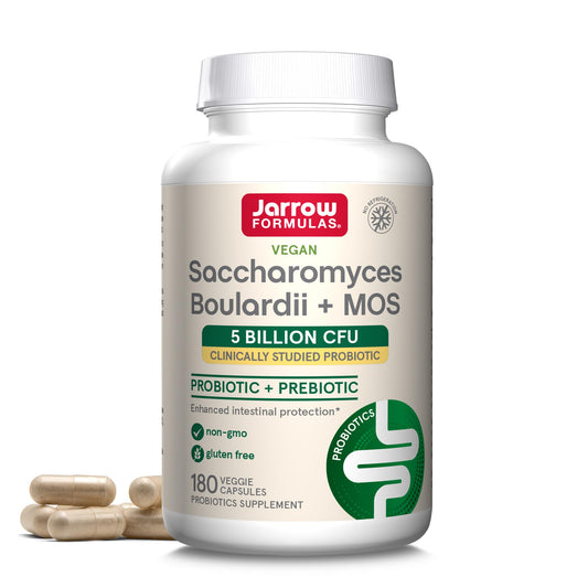 Jarrow Formulas Saccharomyces Boulardii + MOS Probiotics for Digestive Health and Intestinal Tract Support, 5 Billion CFU Per Serving, Probiotic + Prebiotic, 180 Capsules