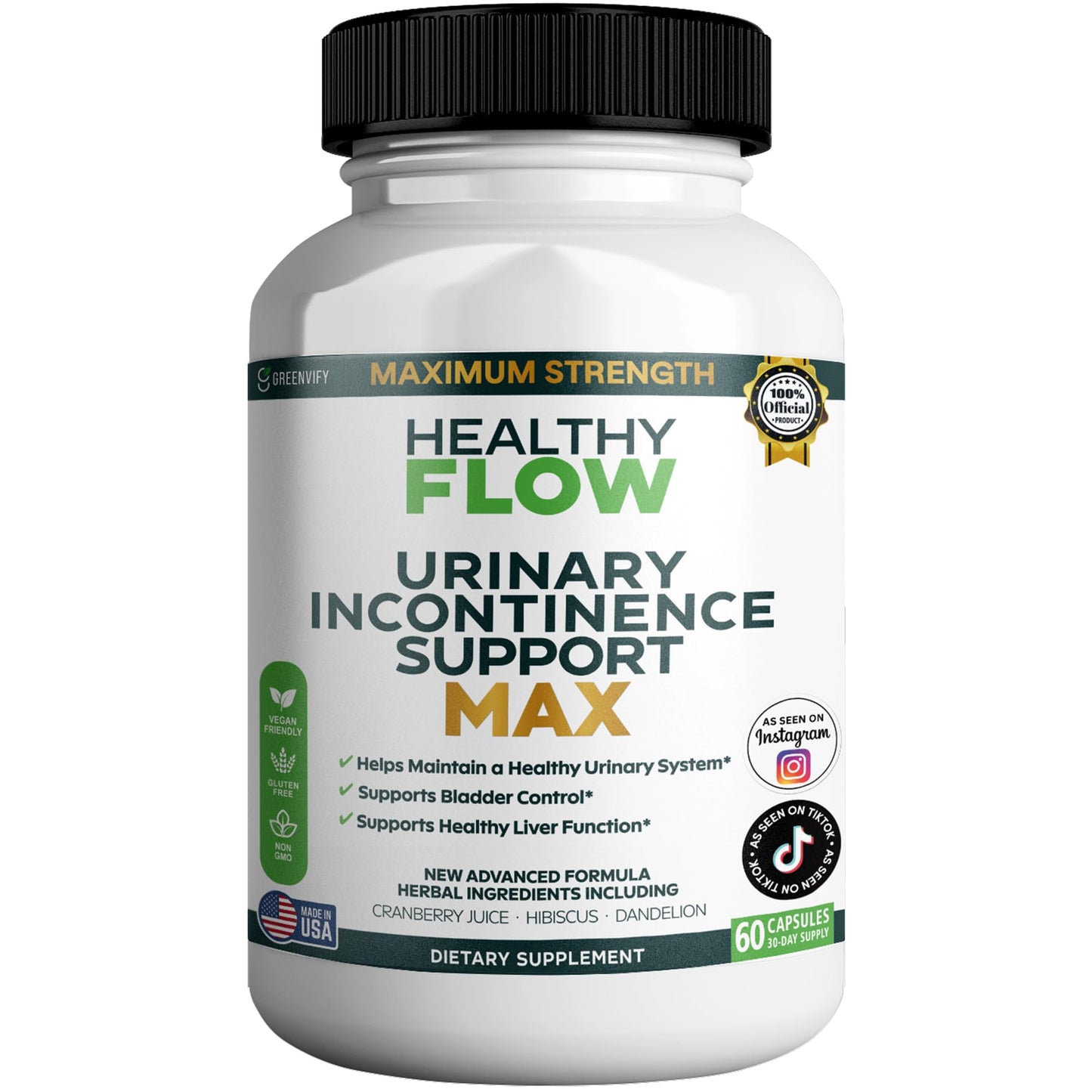GREENVIFY Healthy Flow Urinary Incontinence Support Max Capsules, 60 Count