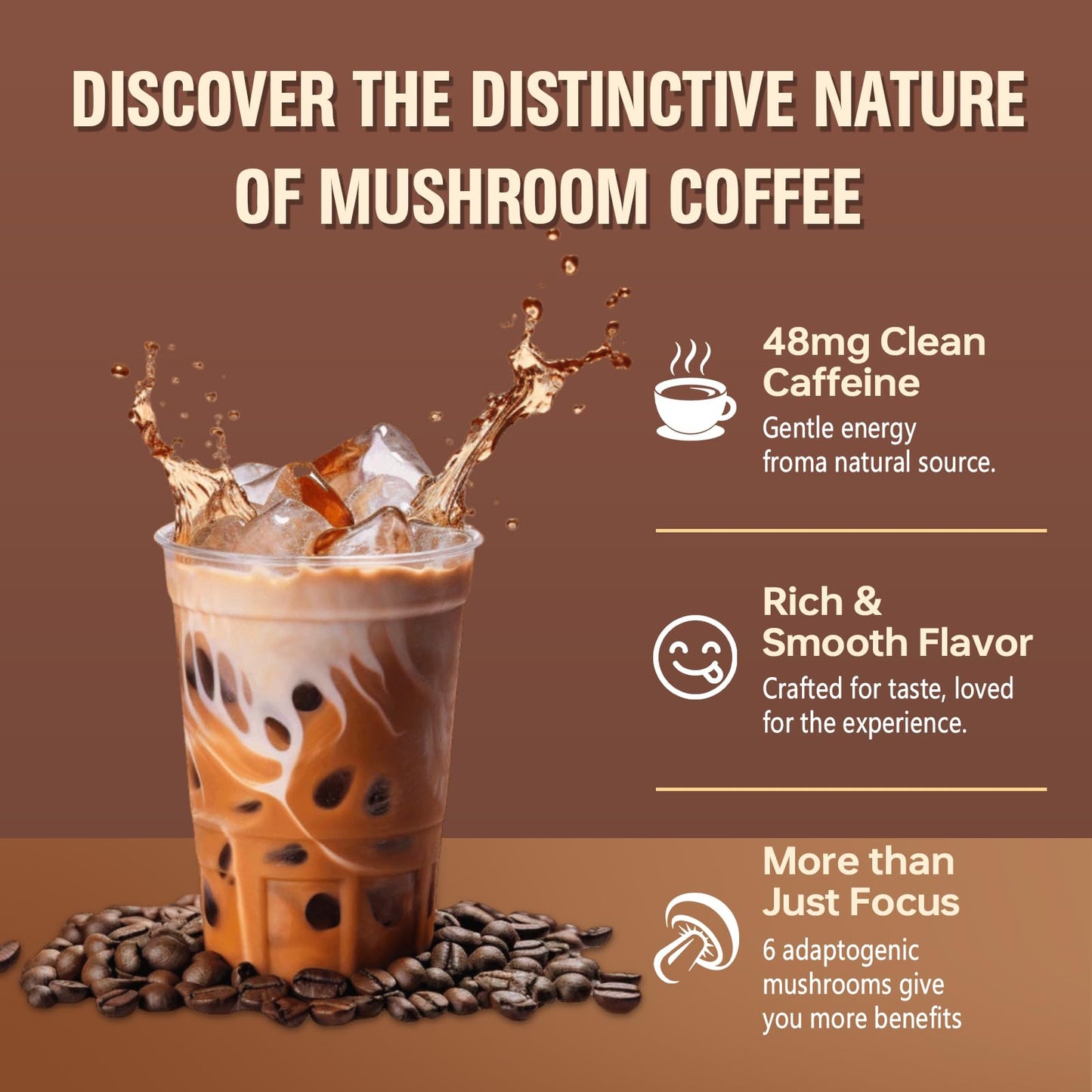 Bcuelov Mushroom Coffee Powder with 6 Adaptogenic Mushrooms (Cordyceps, Lion’s Mane, Shiitake, Turkey Tail) and MCT Oil for Energy, Focus, Immune Support, 6.35 Ounce