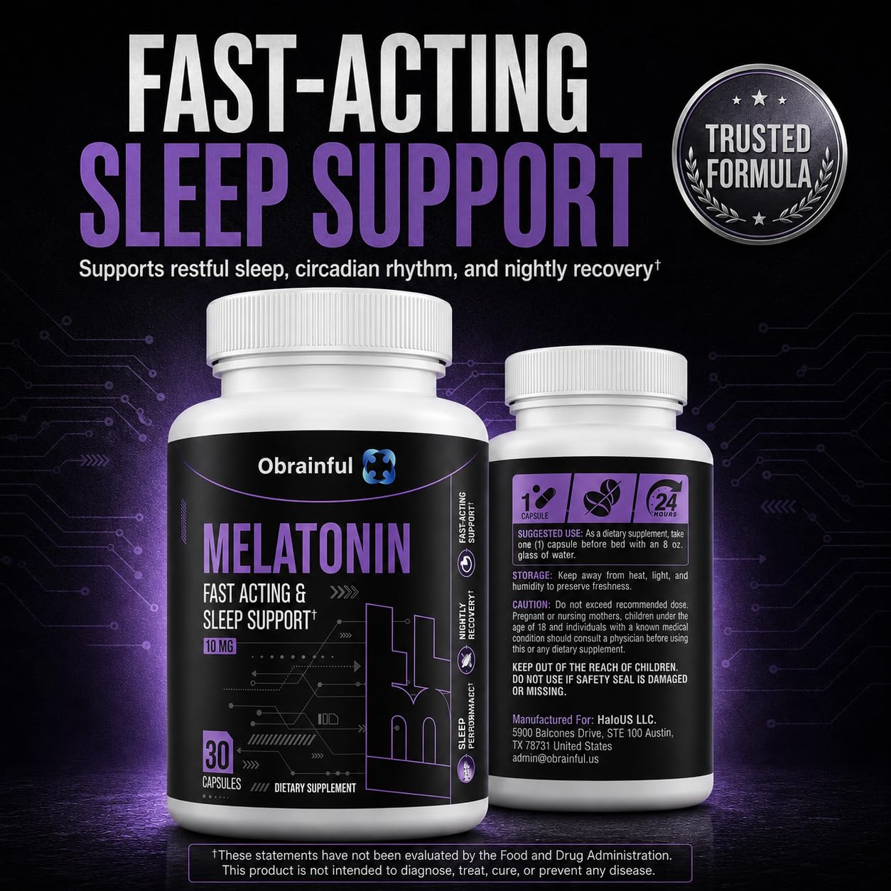 Obrainful Melatonin 10mg Capsules for Sleep Support & Nighttime Wellness, 30 Count