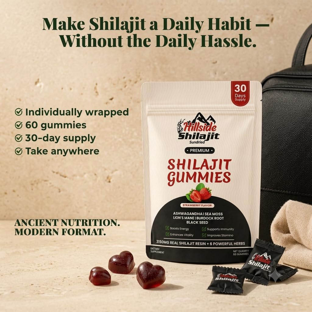 Hillside shilajit Gummies with Ashwagandha & 85+ Trace Minerals for Men and Women Chewable 60 Count